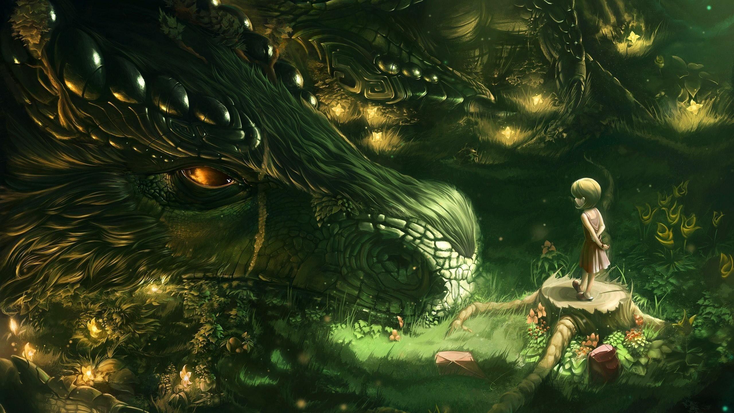 2560x1440 Dragon Girl Forest Art Background HD Desktop