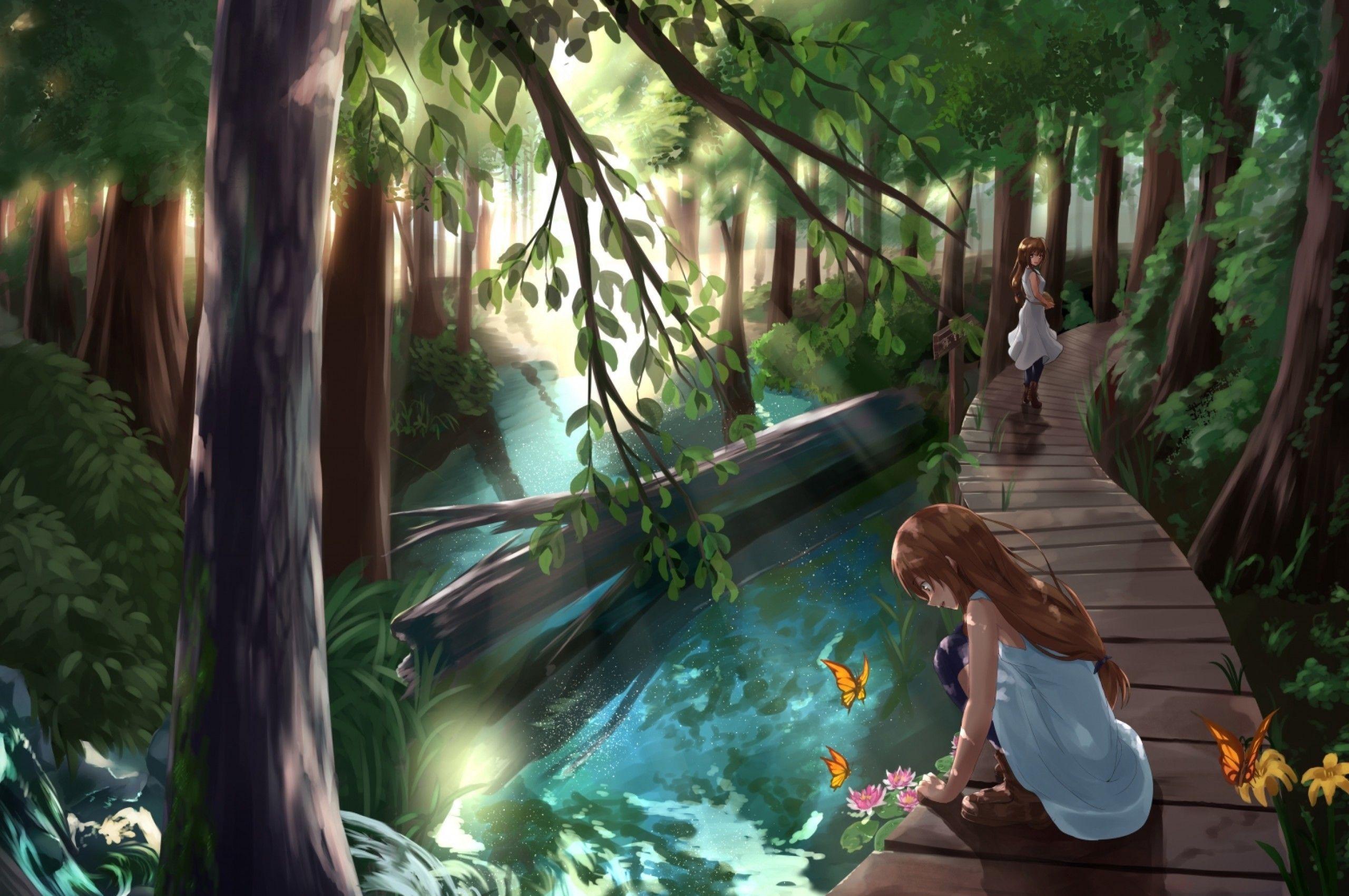 2560x1700 Download 2560x1700 Anime Girls, Forest, River, Trees, Nature
