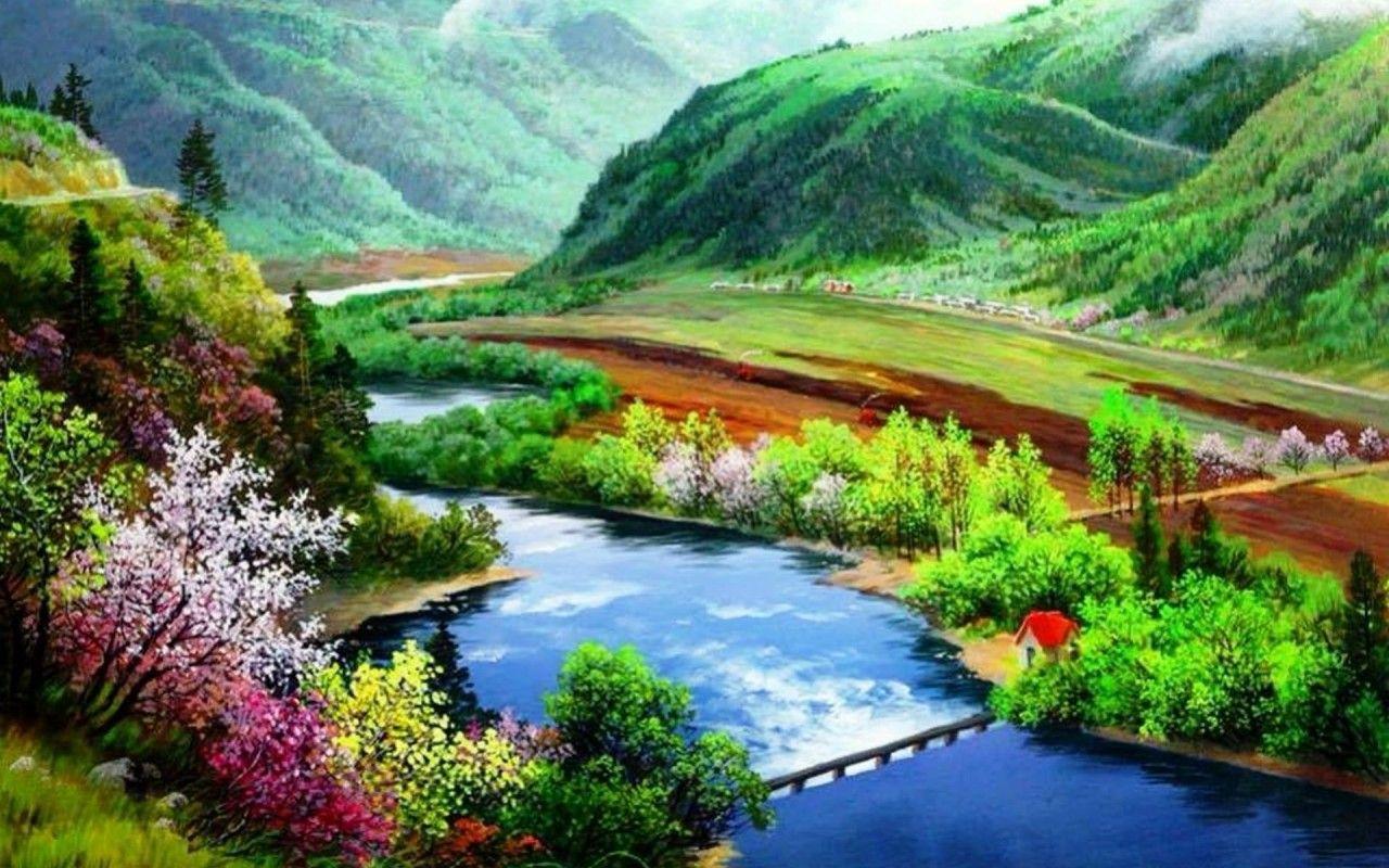 1280x800 Forest River Bridge Flowers wallpaper. Forest River Bridge