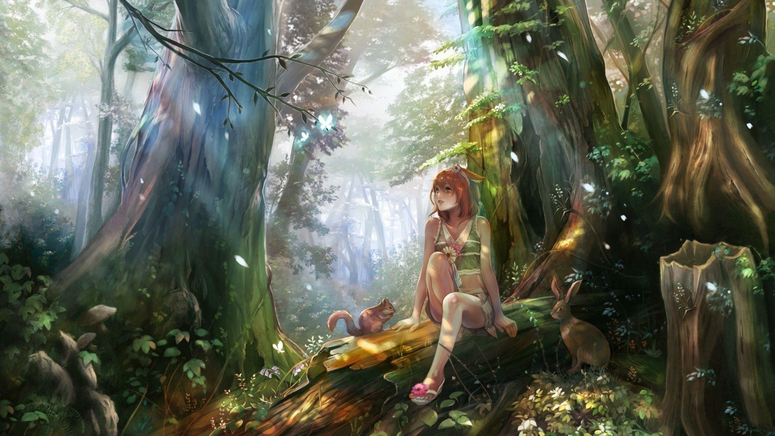 2560x1440 Download 2560x1440 Anime Landscape, Girl, Forest, Trees