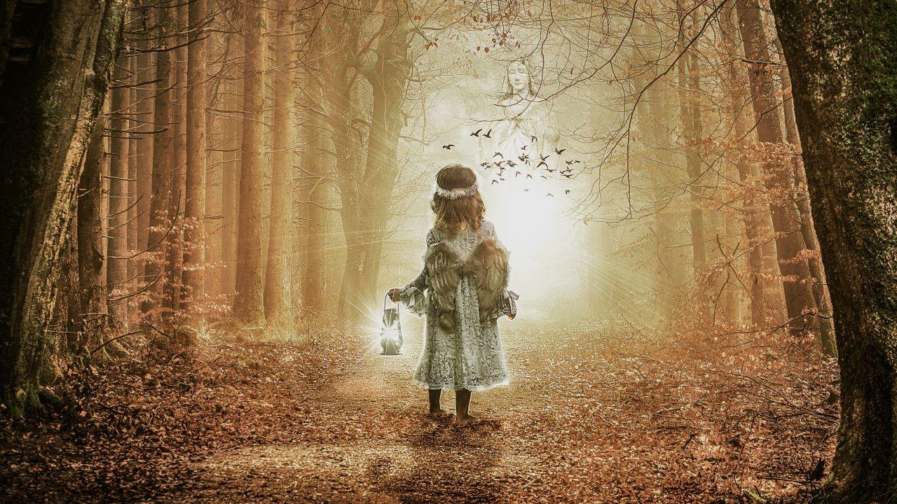 1280x720 Wallpaper Girl, Child, Alone, Autumn, Leaves, Angel wings
