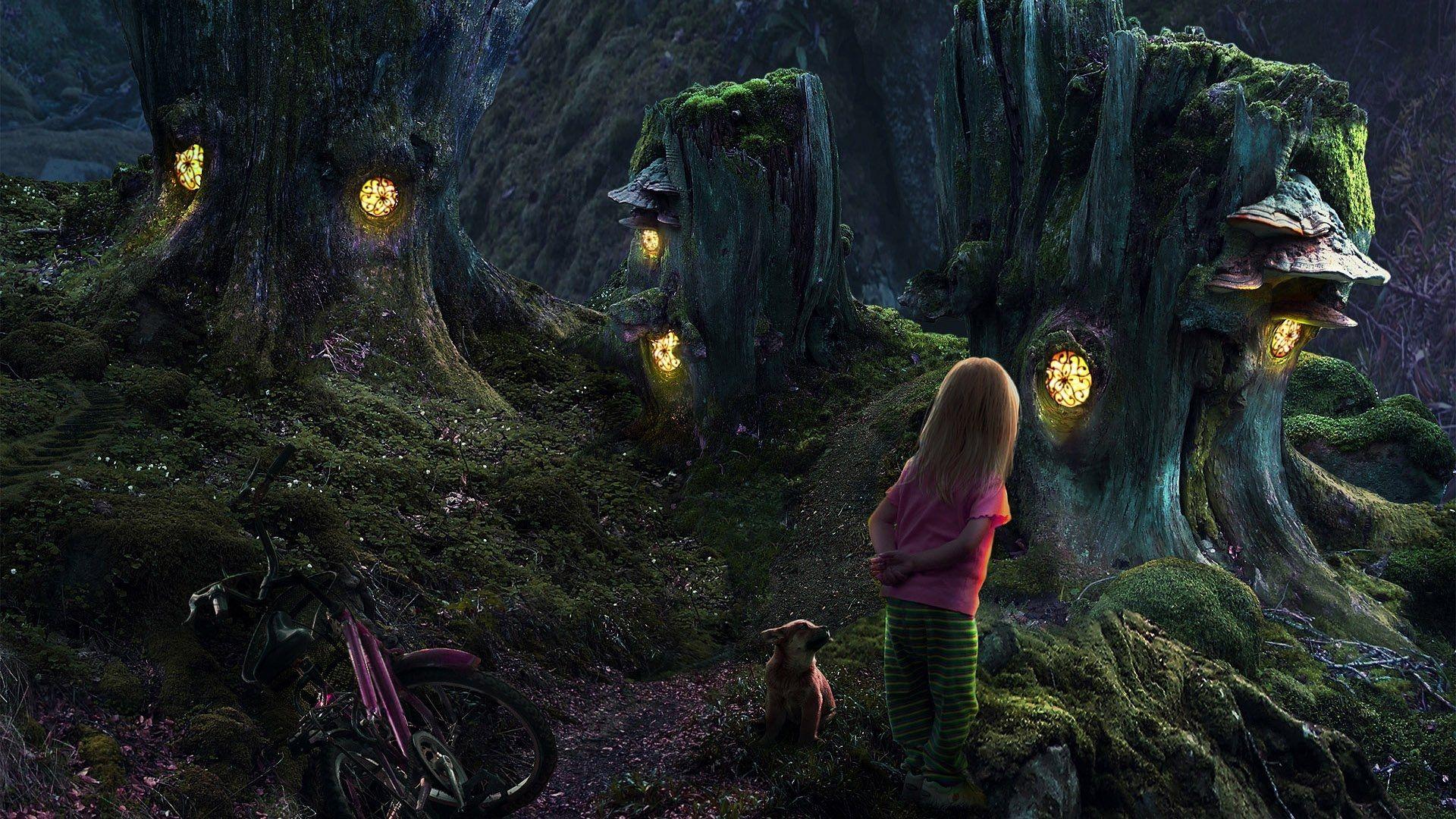 1920x1080 Little Girl and Dog in Fantasy Forest HD Wallpaper