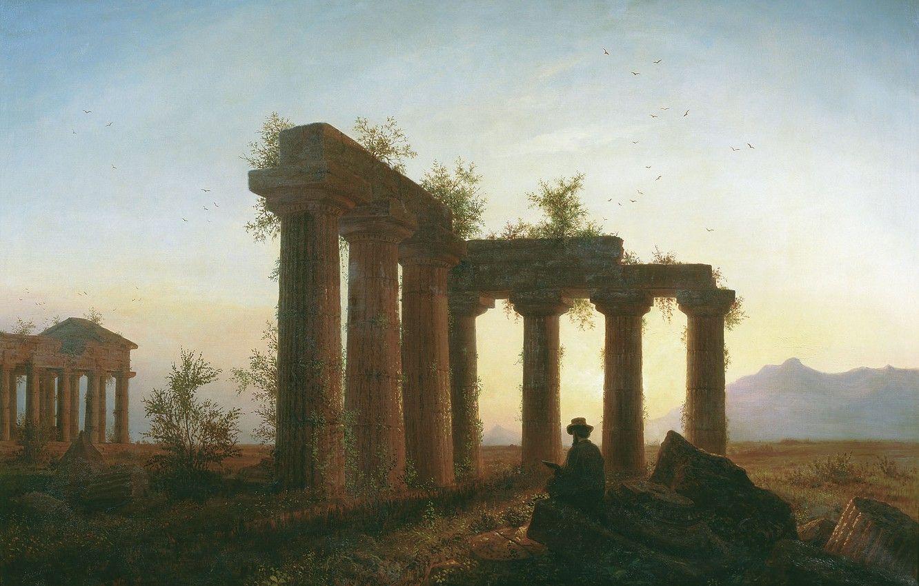 1332x850 Wallpaper people, The ruins, painting, sunset, Greek temple