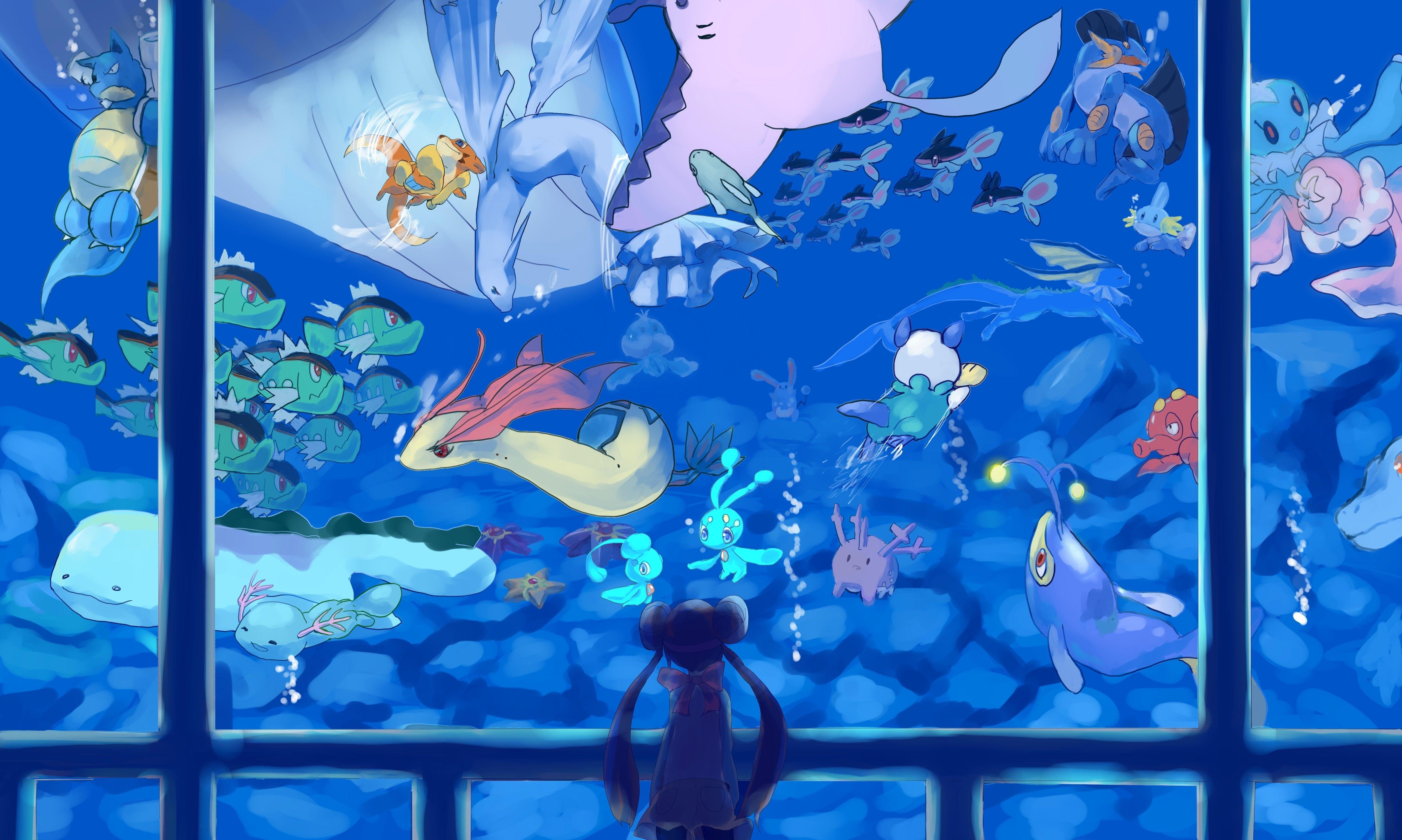 5000x3000 women water pokemon mudkip long hair blastoise swimming aquarium