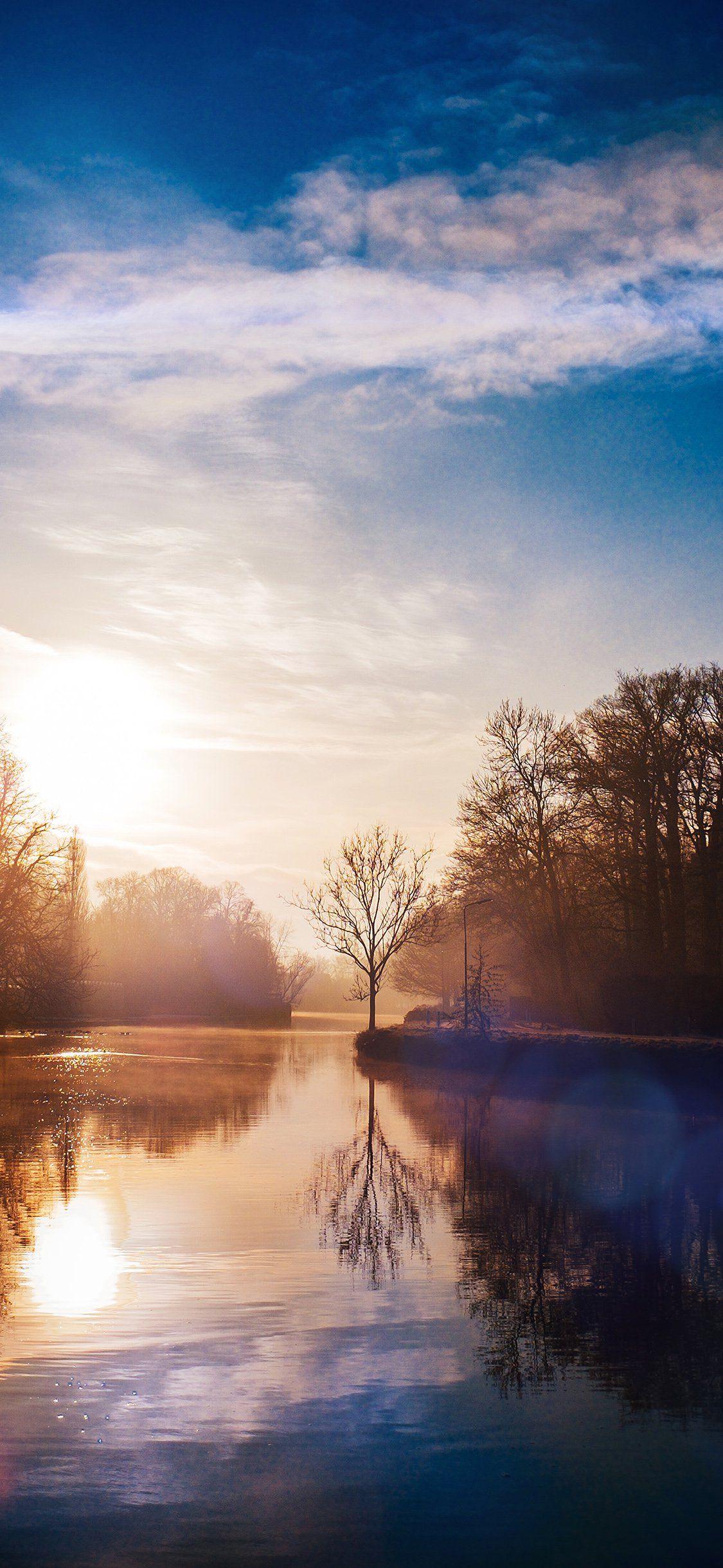 1125x2436 Lake calm tree mountain sunny day iPhone X Wallpaper