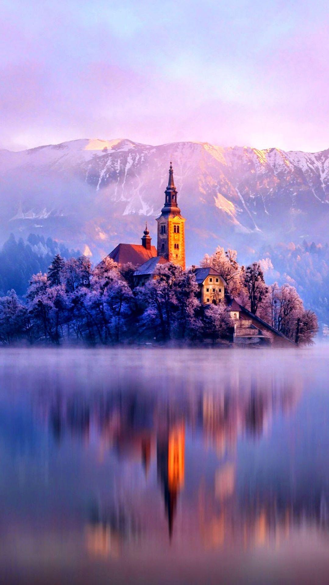 1080x1920 Winter lake and lakeside chapel