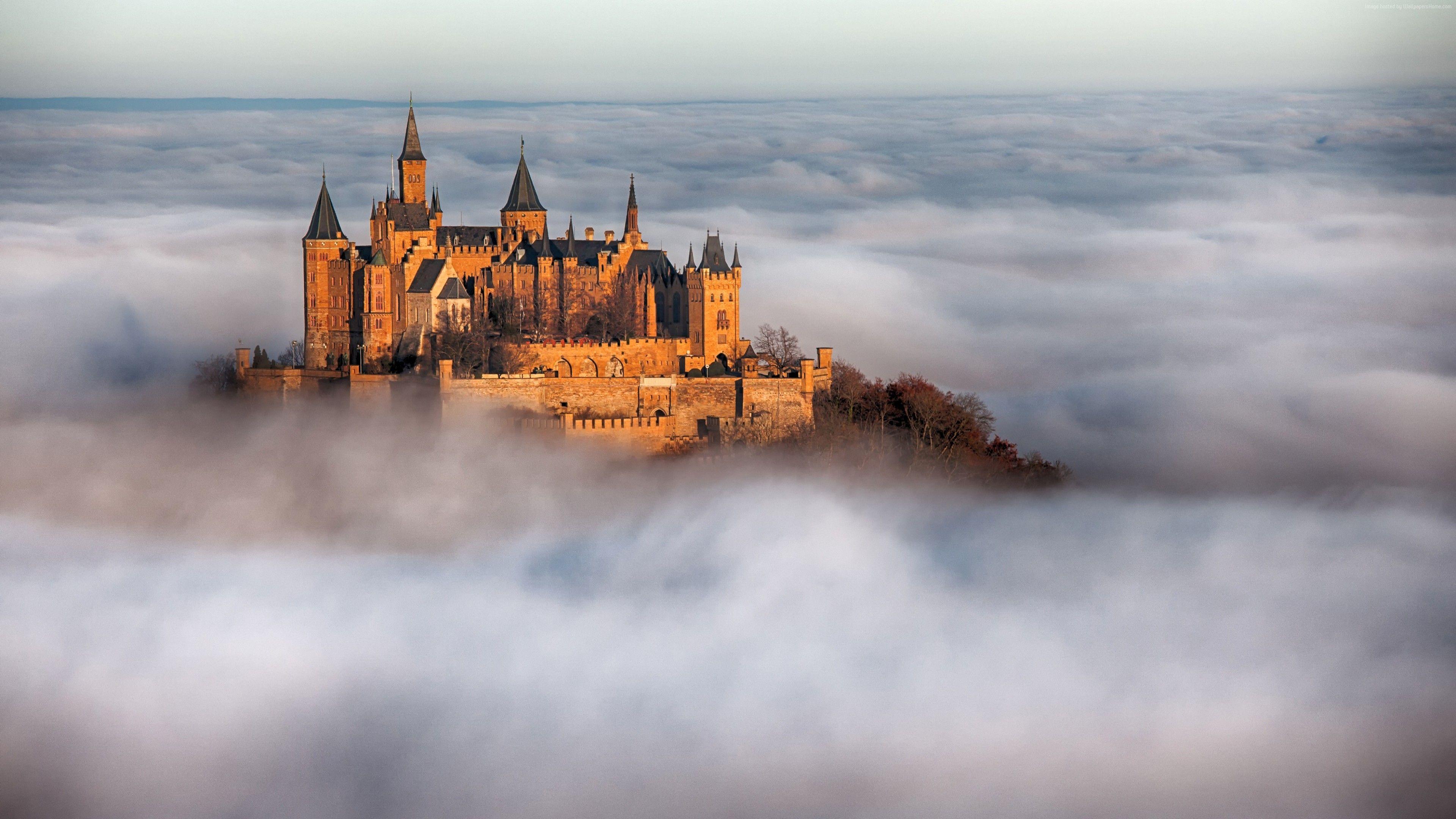 3840x2160 Wallpaper Hohenzollern Castle, Germany, Europe, fog, 4k