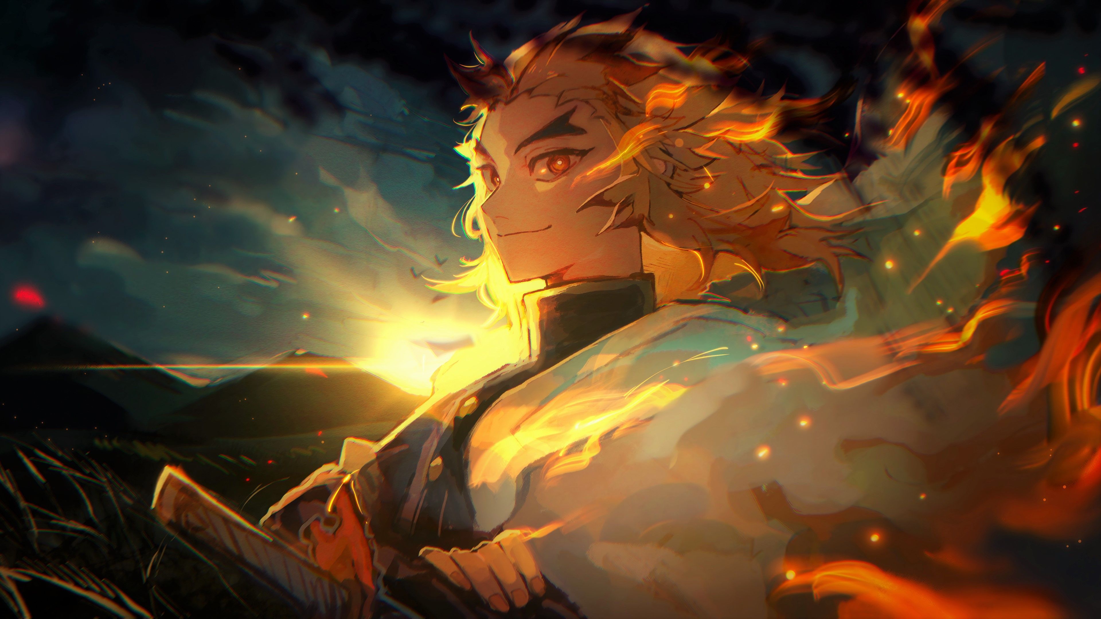 3840x2160 kyojuro rengoku flame hashira