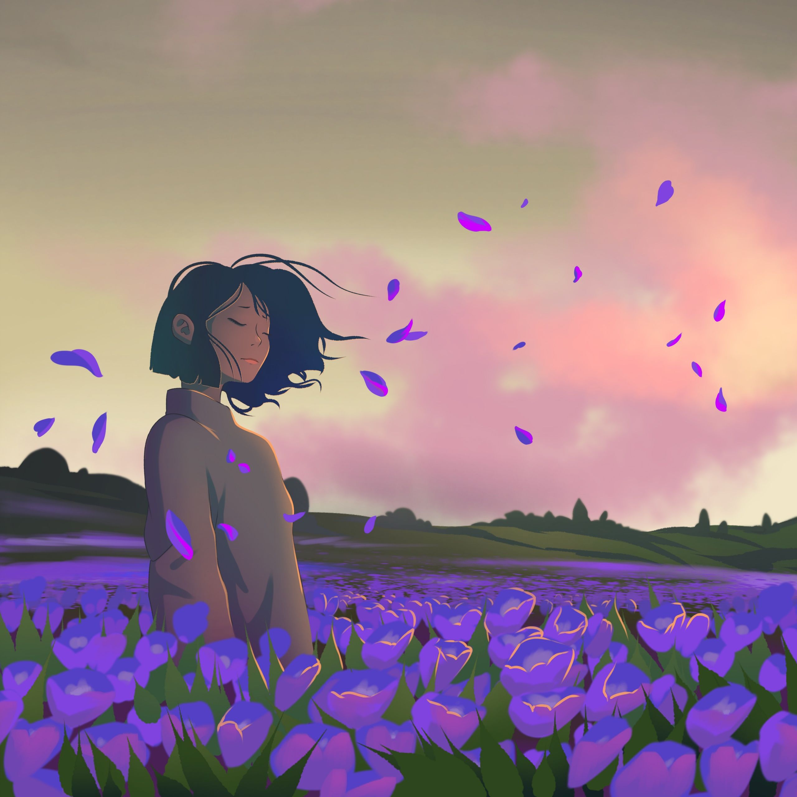 2560x2560 Lofi girl Wallpaper 4K, Lavender fields, 5K