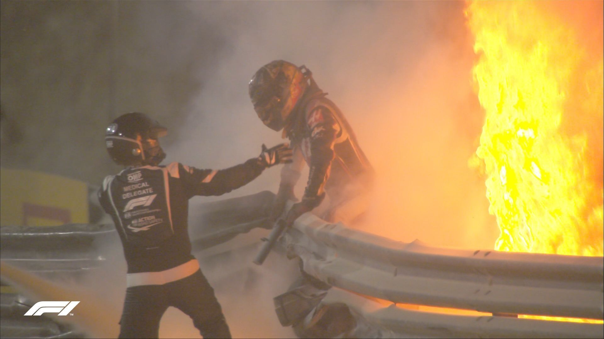 1920x1080 Bahrain GP: Grosjean fireball horror