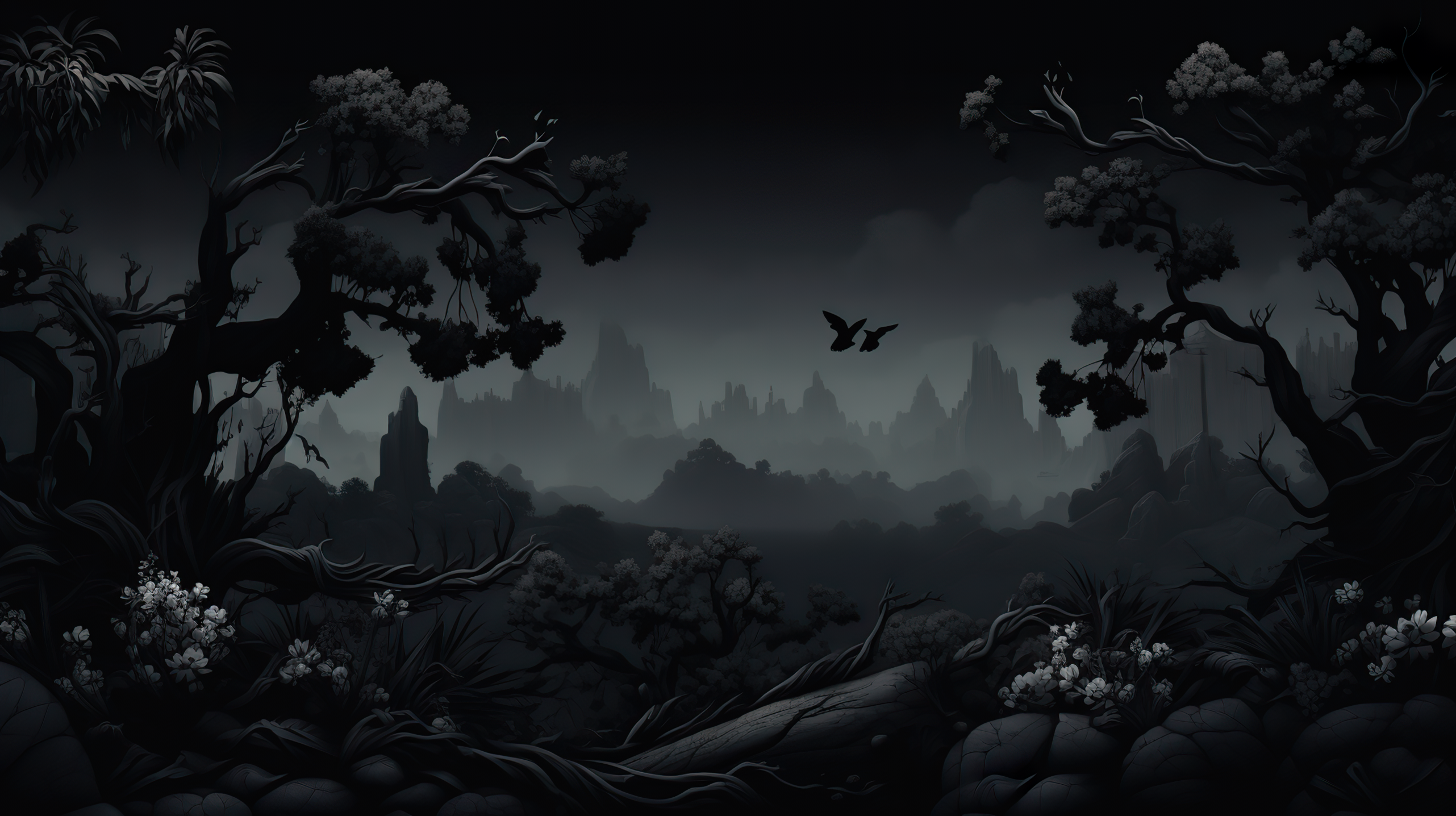 2563x1436 Black Landscape, Dark Nature Wallpaper