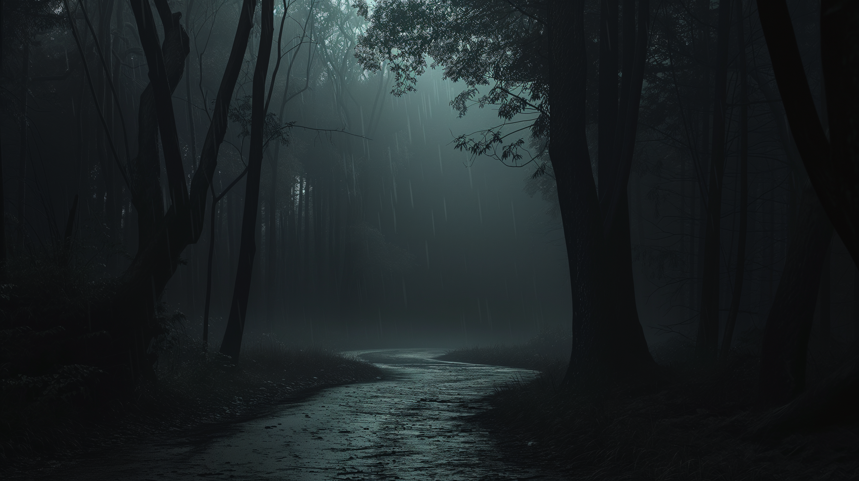 2912x1632 Dark Rainy Forest Path HD Wallpaper