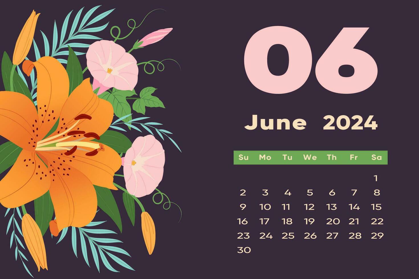 1470x980 Floral June 2024 calendar template