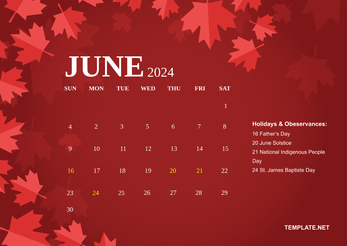 1200x851 June 2024 Calendar with Holidays Canada