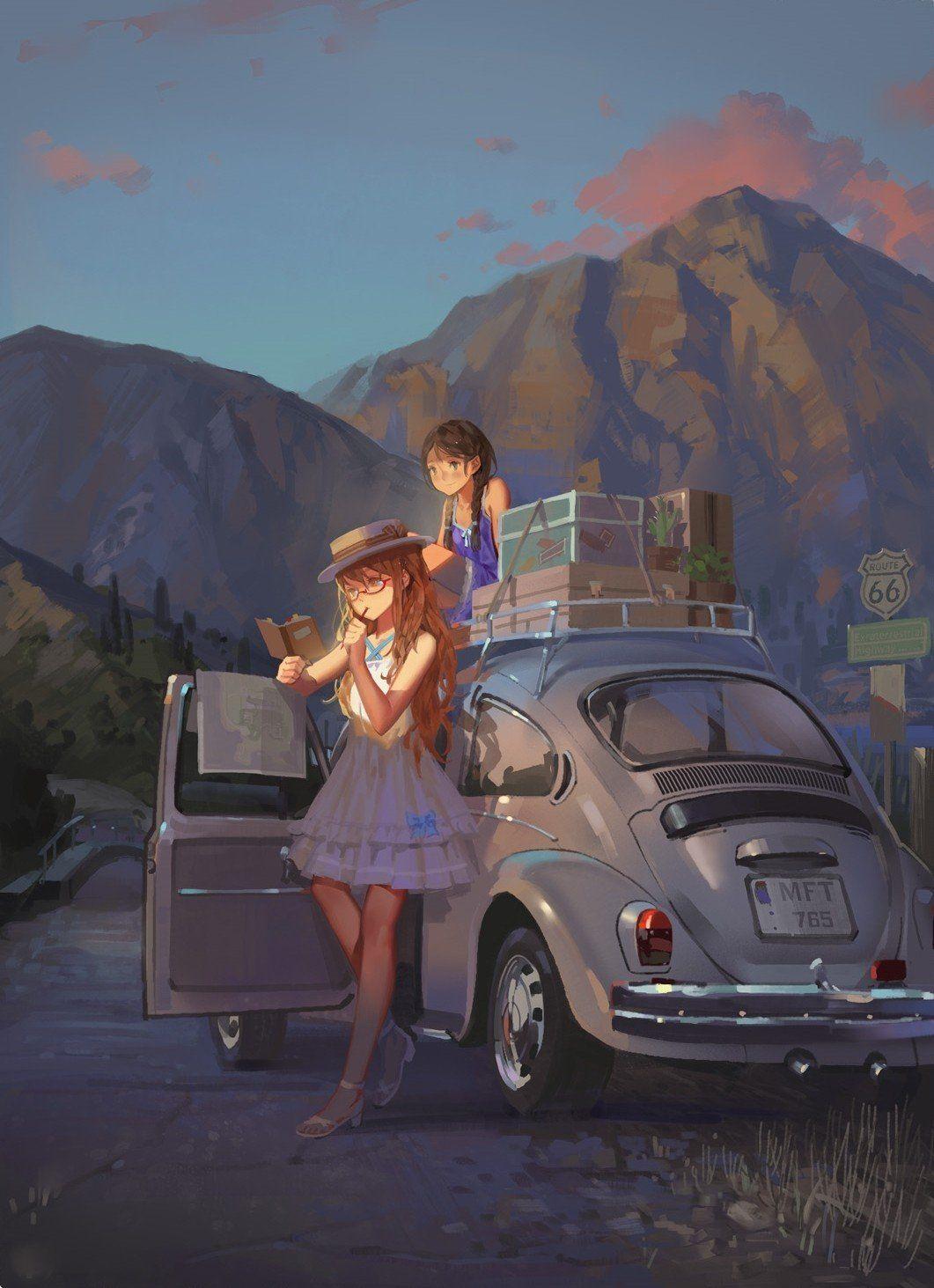 1061x1463 anime girls mountains car volkswagen beetle