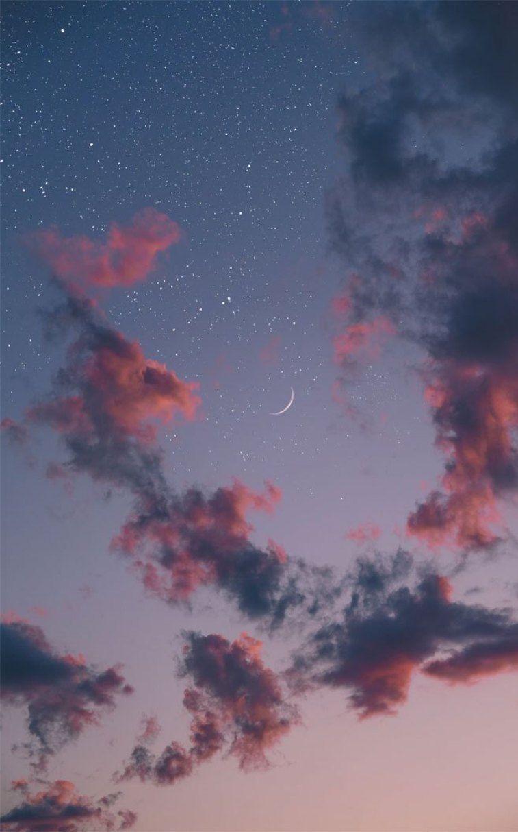 757x1214 Bầu trời buổi tối tuyệt đẹp với trăng lưỡi liềm và các vì sao