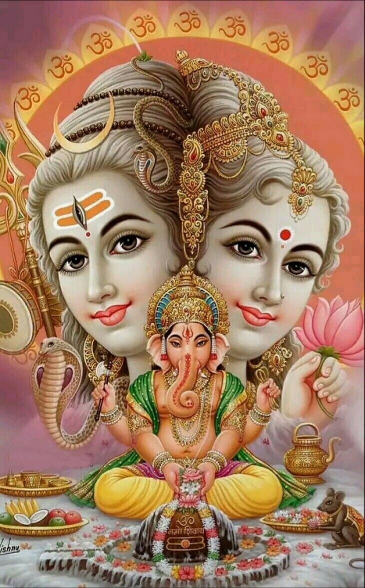 1192x1920 Download Festive Shiva Parvati Merged Head And Ganesha Wallpaper