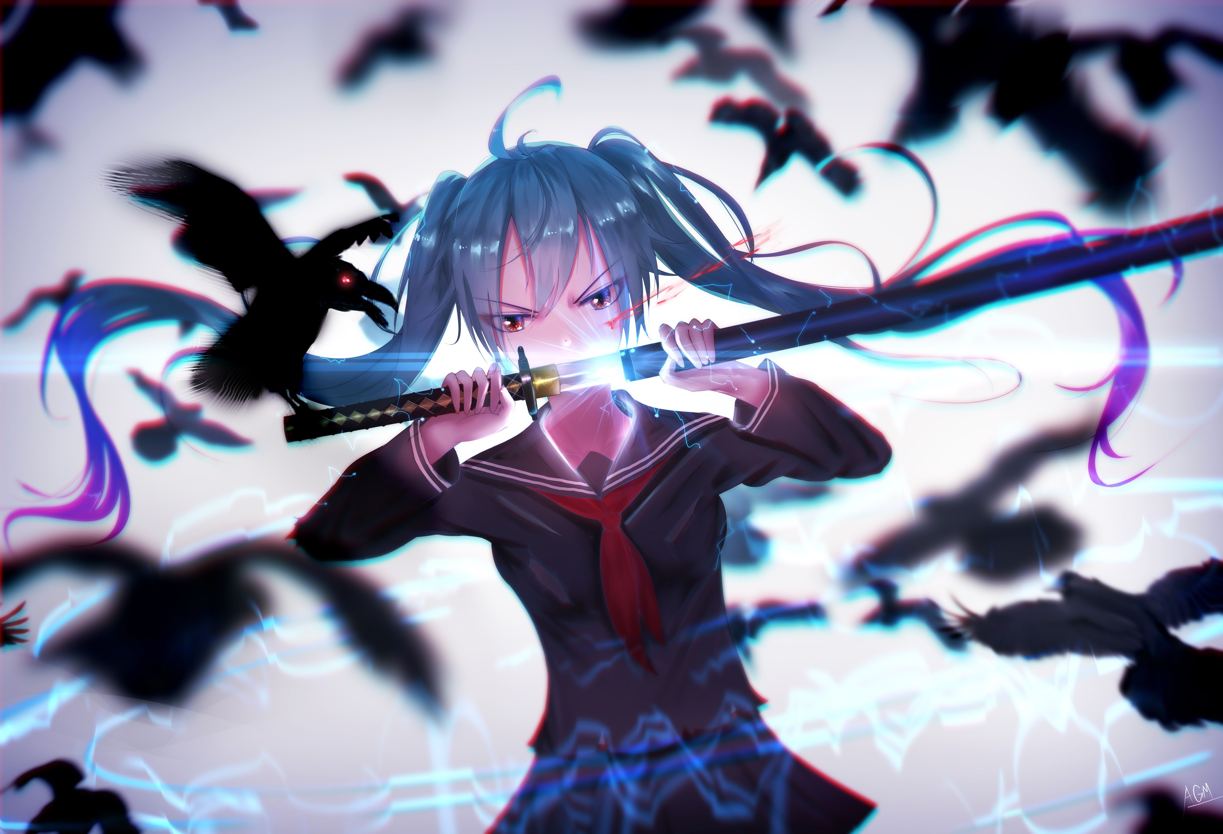 5197x3543 Epic Crow Katana Battle Miku