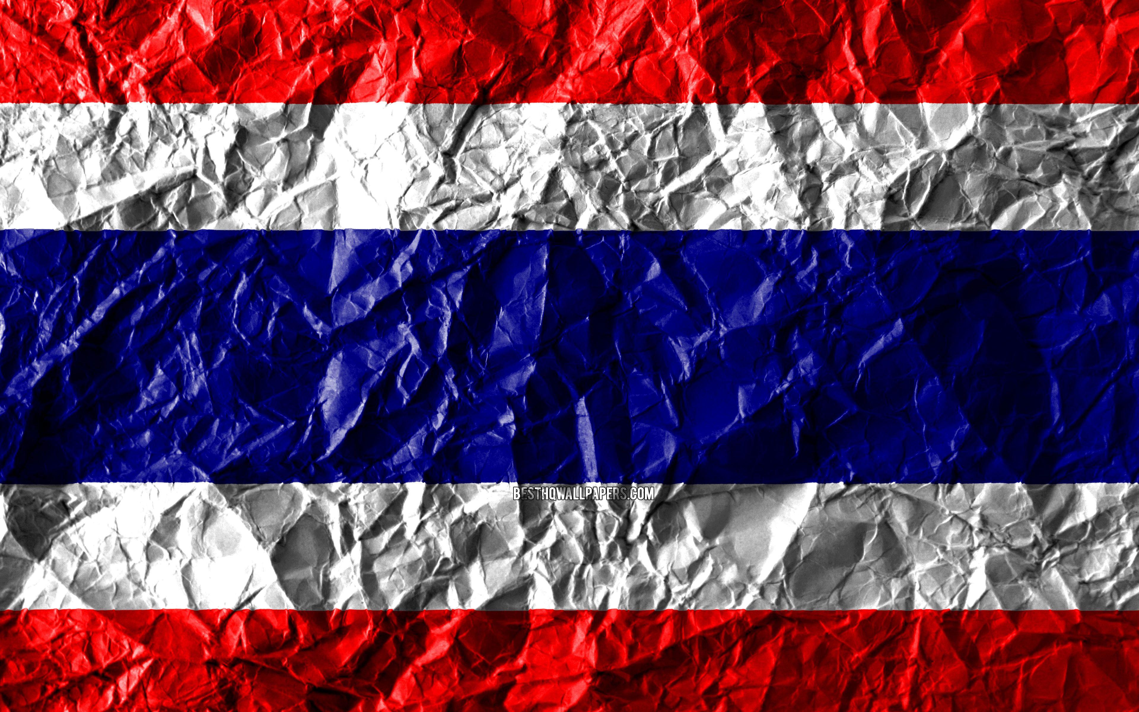 3840x2400 Download wallpaper Thai flag, 4k, crumpled paper, Asian