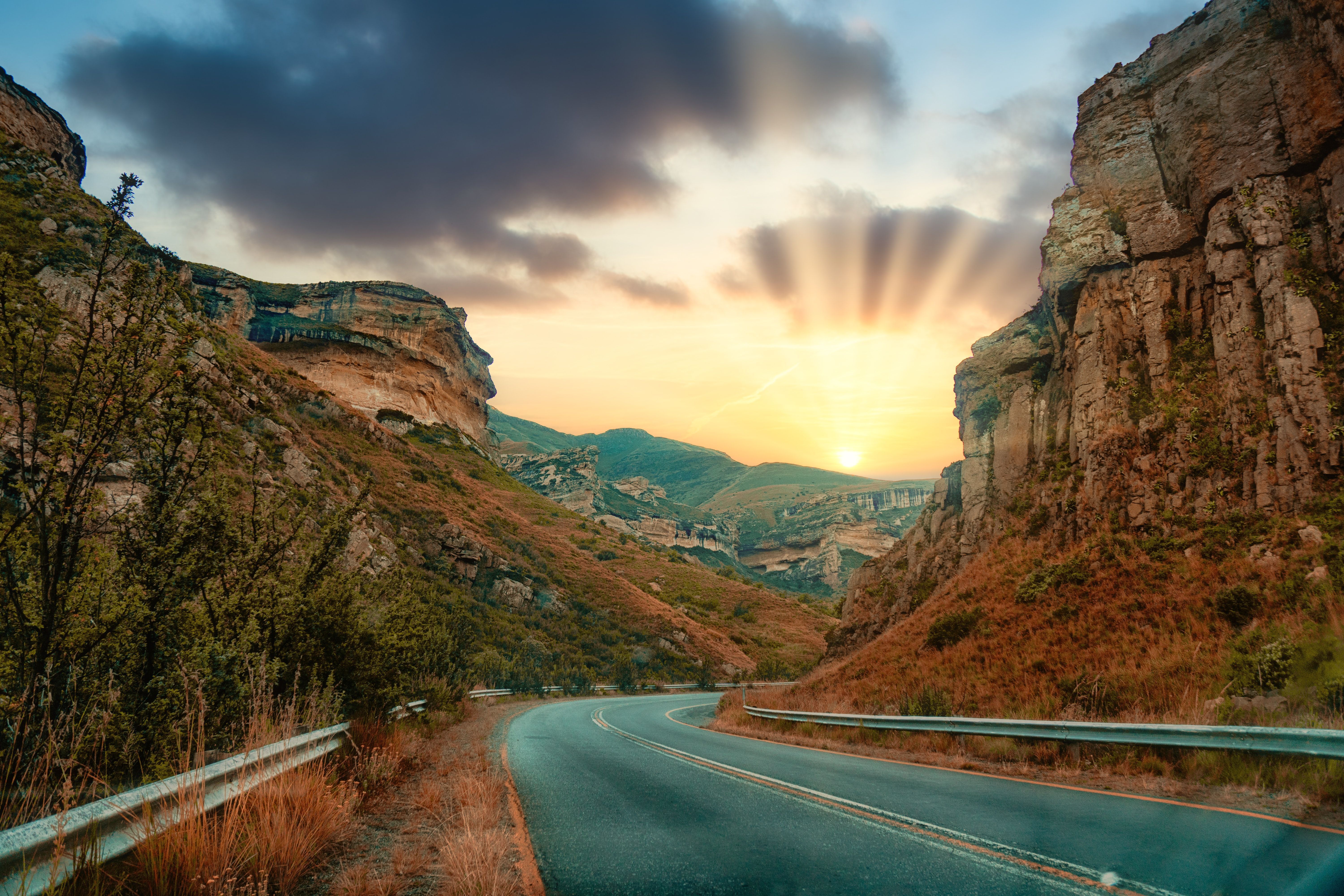 6000x4000 wallpaper: Sunrise, Road, Rocks, Sun