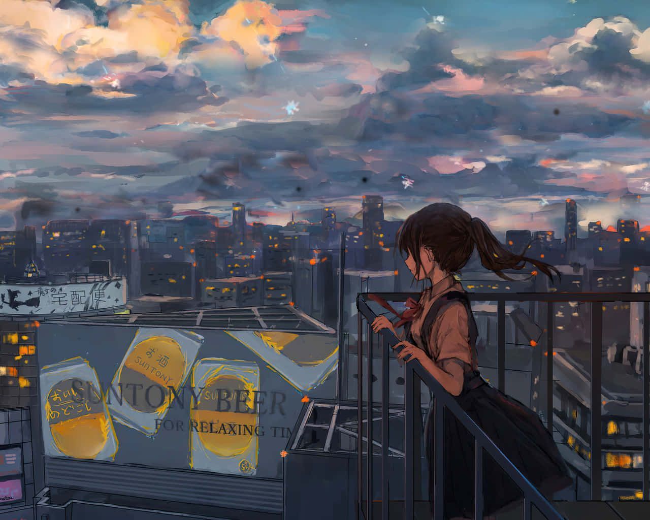 1280x1024 Anime Girl Building Scenery Wallpaper