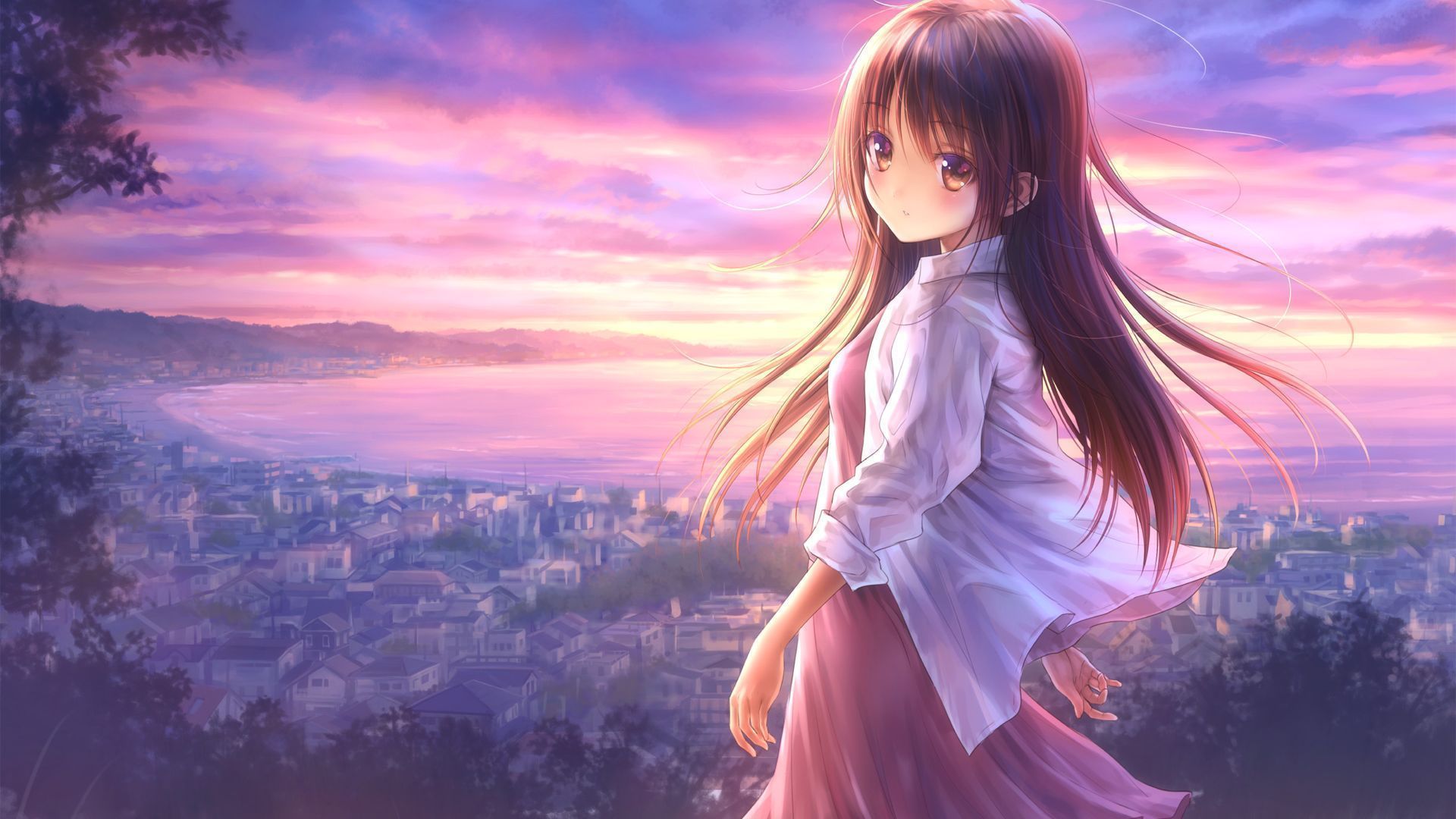 1920x1080 Desktop Wallpaper Cute Anime Girl, City