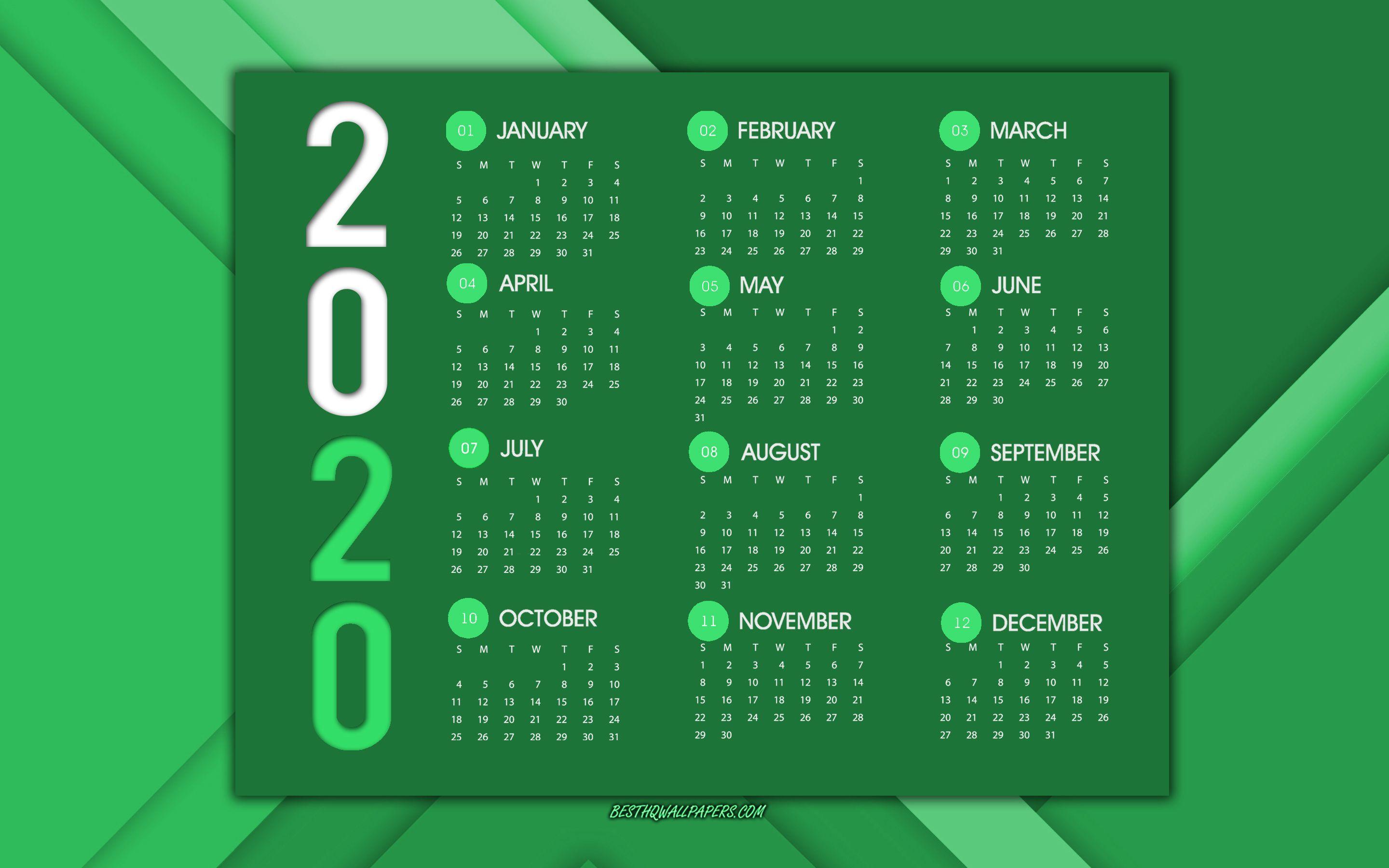 2880x1800 Download wallpaper 2020 Calendar, all months, green