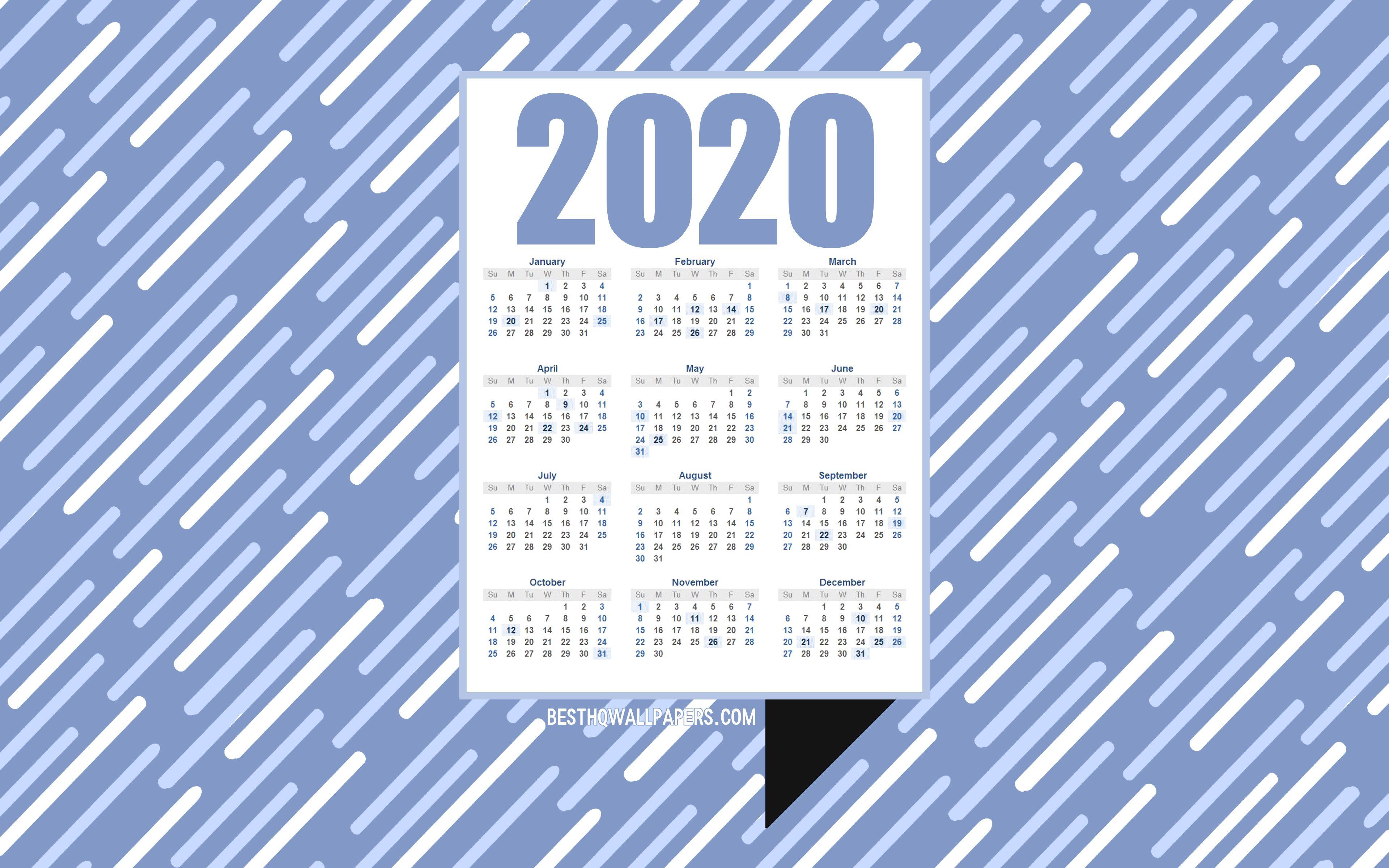 3840x2400 Download wallpaper Blue 2020 Calendar, blue creative