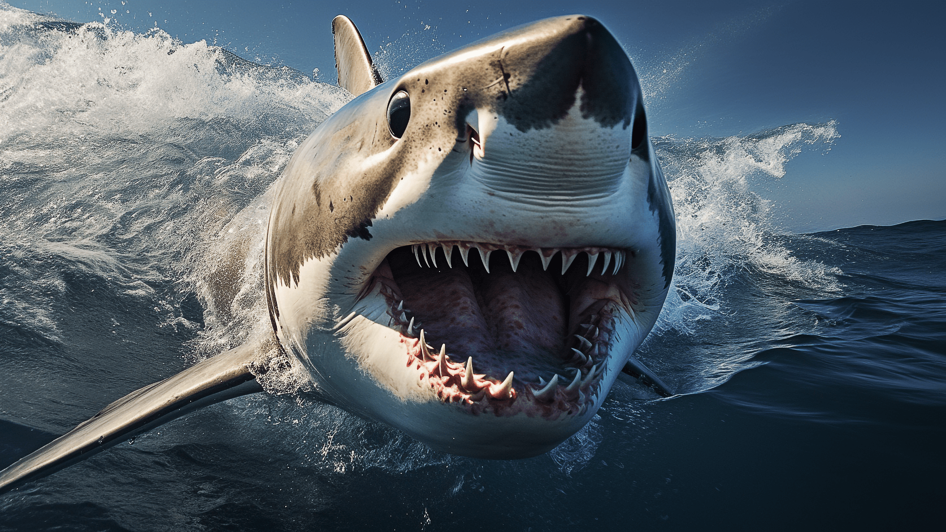 1920x1080 open mouth, AI art, shark, ocean view