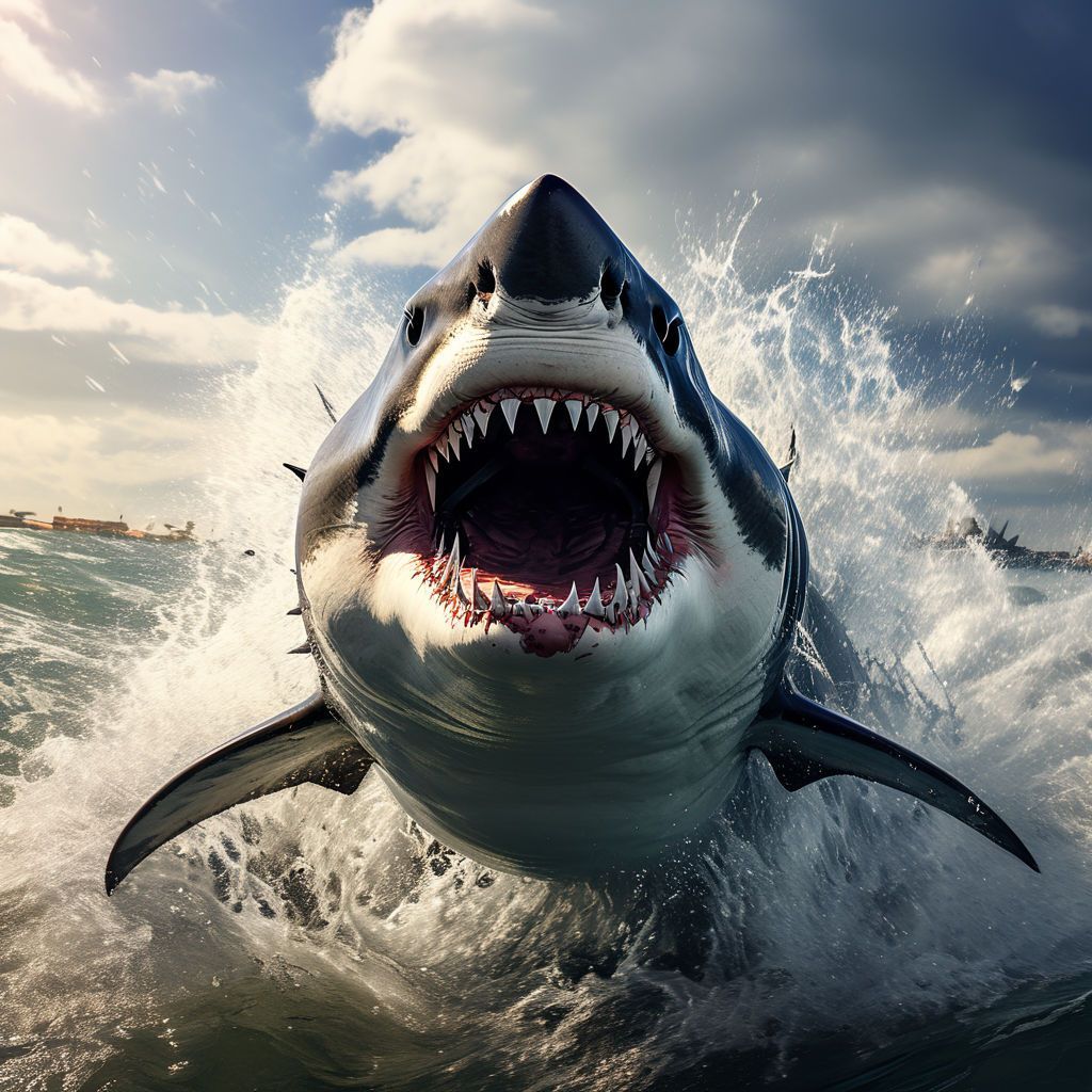 1024x1024 wide angle photograph of a shark mouth