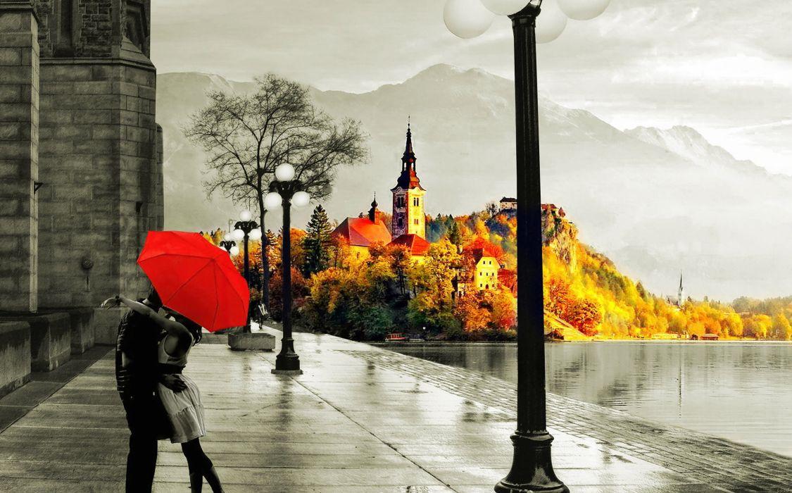 1125x700 Love autumn rain kiss lake wet street umberella wallpaper