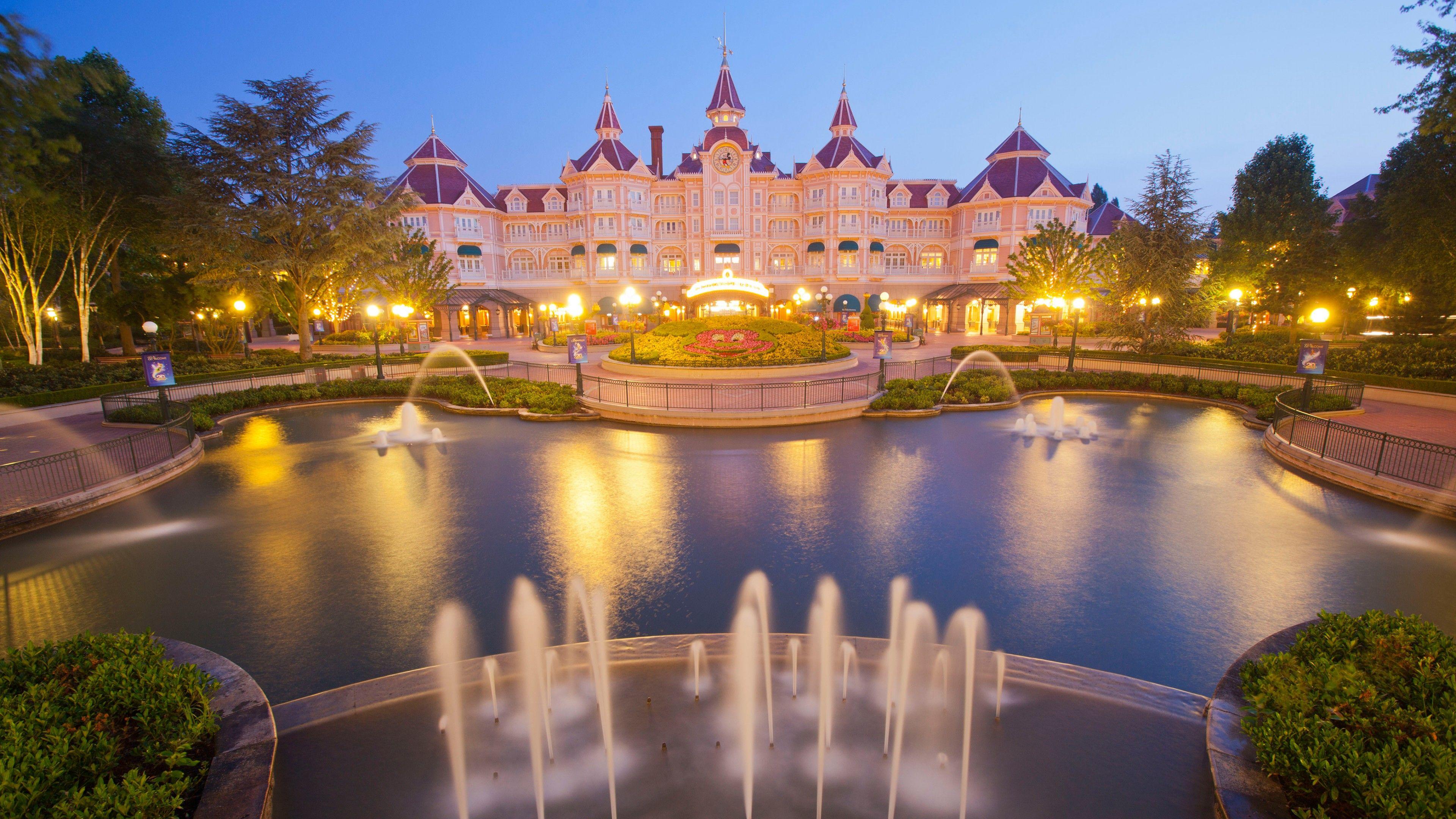 3840x2160 Hình nền Khách sạn Disneyland, Paris, Pháp, Châu Âu, Đài phun nước