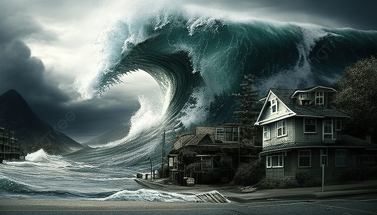 1200x686 Big Wave Sweeping Over Town Background