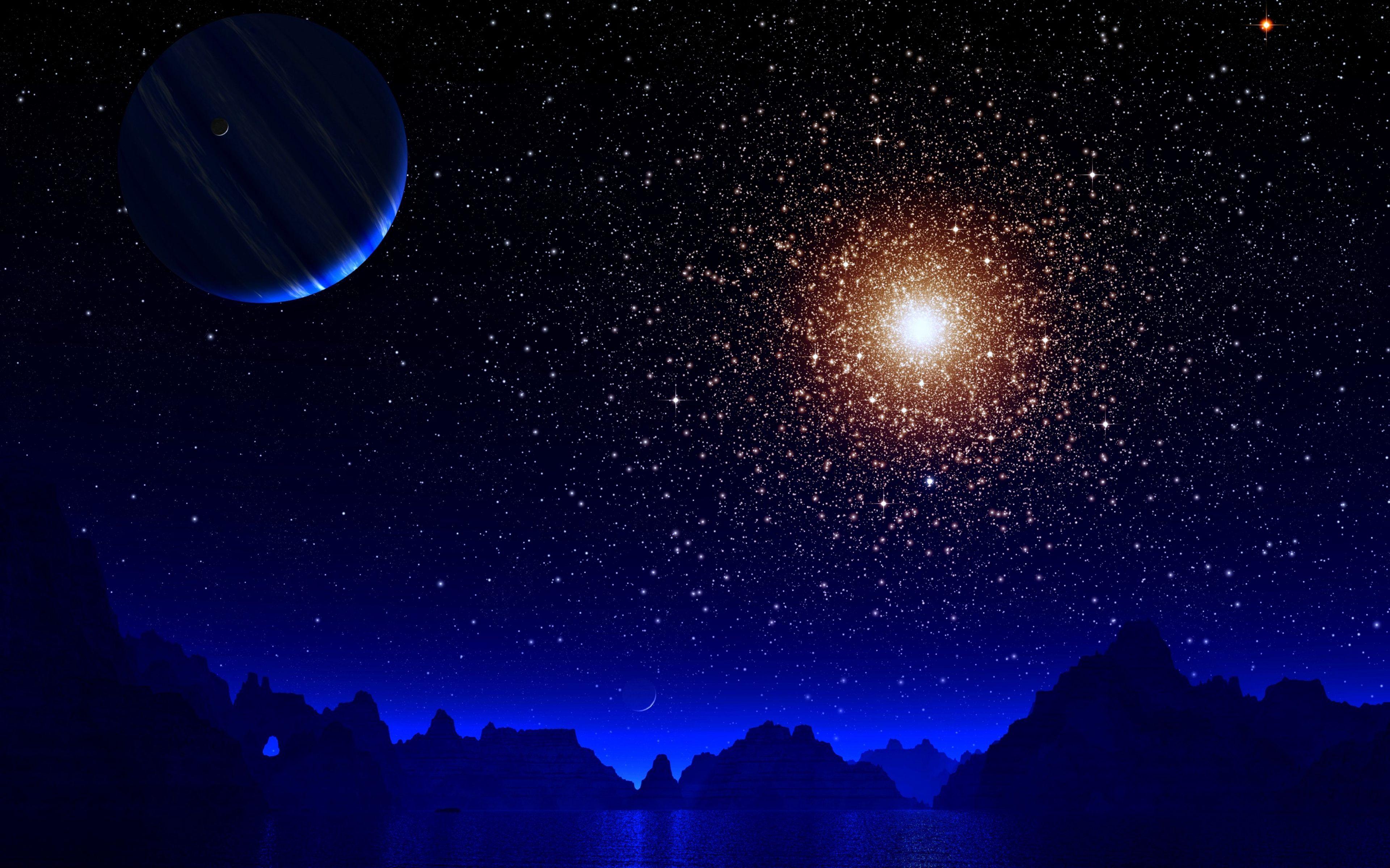 3840x2400 Đêm xanh Mặt trăng Sao Trái đất 4k, Vũ trụ kỹ thuật số HD, Hình nền 4k