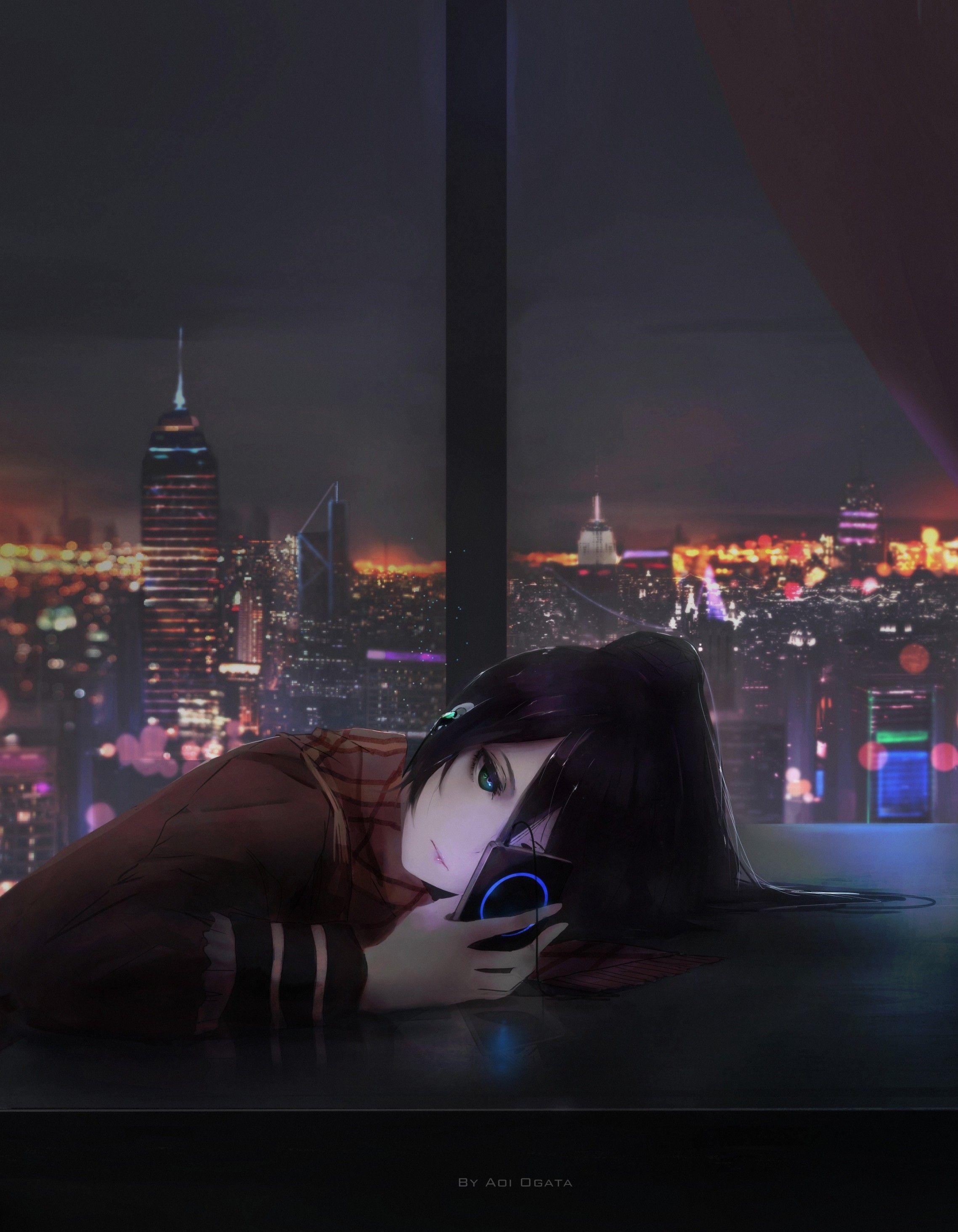 2277x2927 Download 2277x2927 Anime Girl, Depressed, Cityscape, Music
