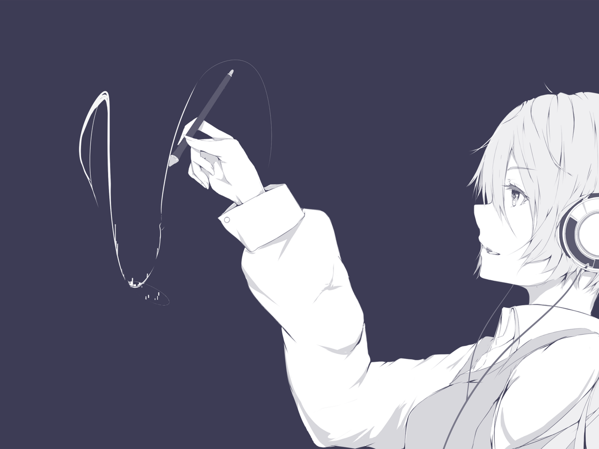 2048x1536 Download 2048x1536 Anime Girl, Drawing, Headphones, Only