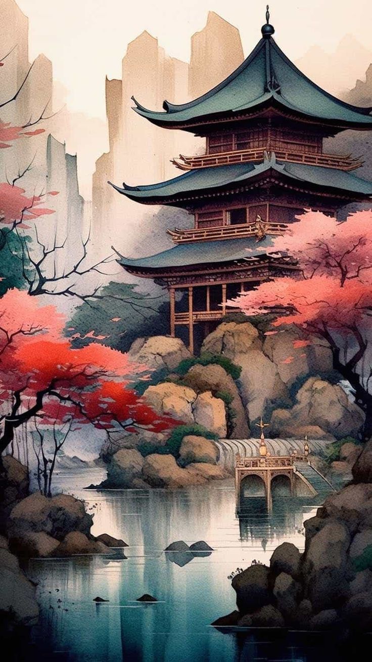 736x1308 Japan Temple Art iPhone Wallpaper 4K
