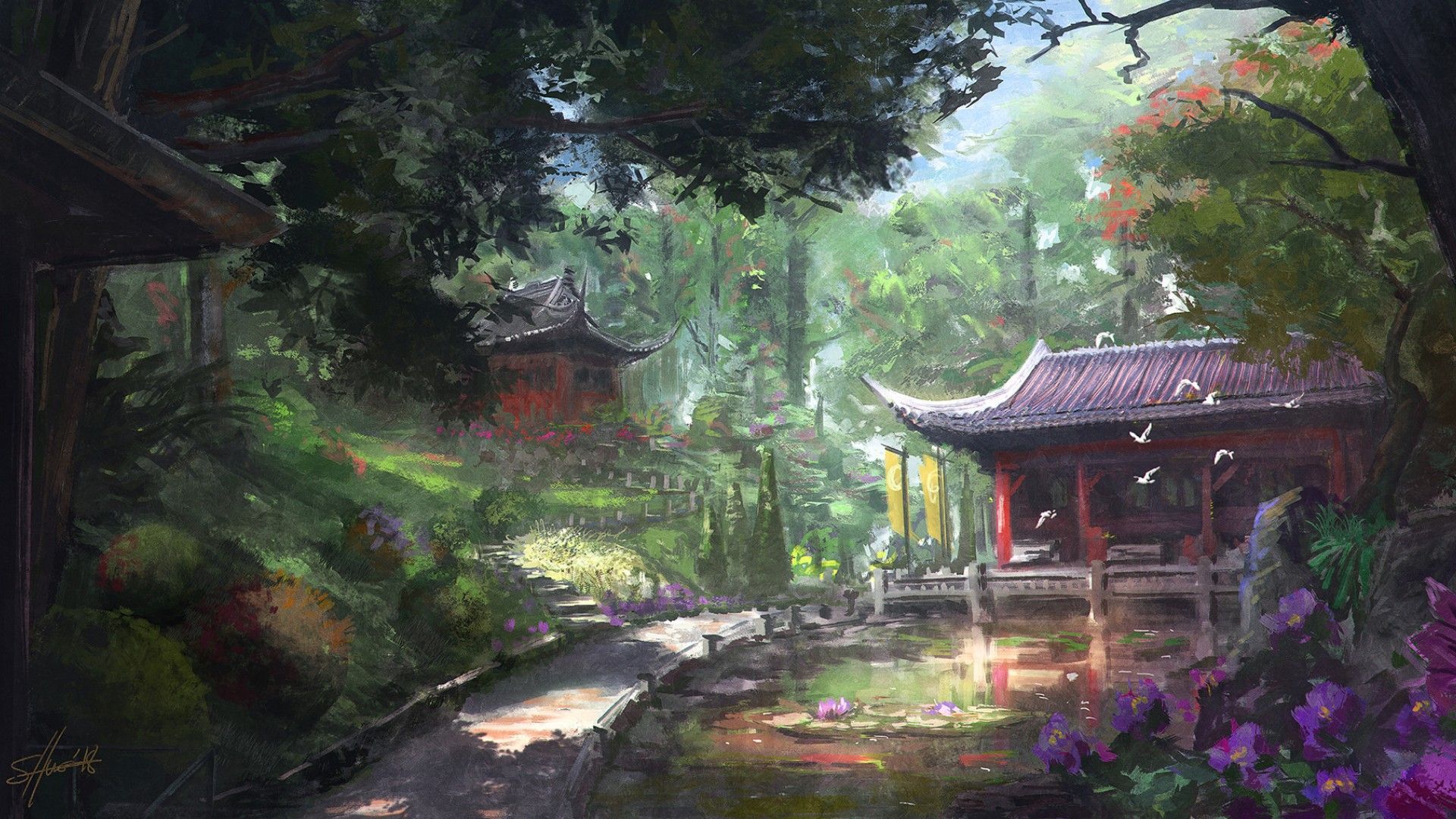 1920x1080 garden, ArtStation, nature, Asian