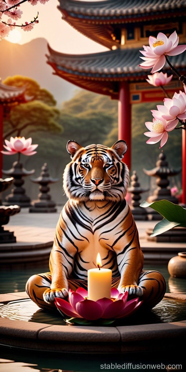 704x1408 Meditative Tiger in Asian Temple at