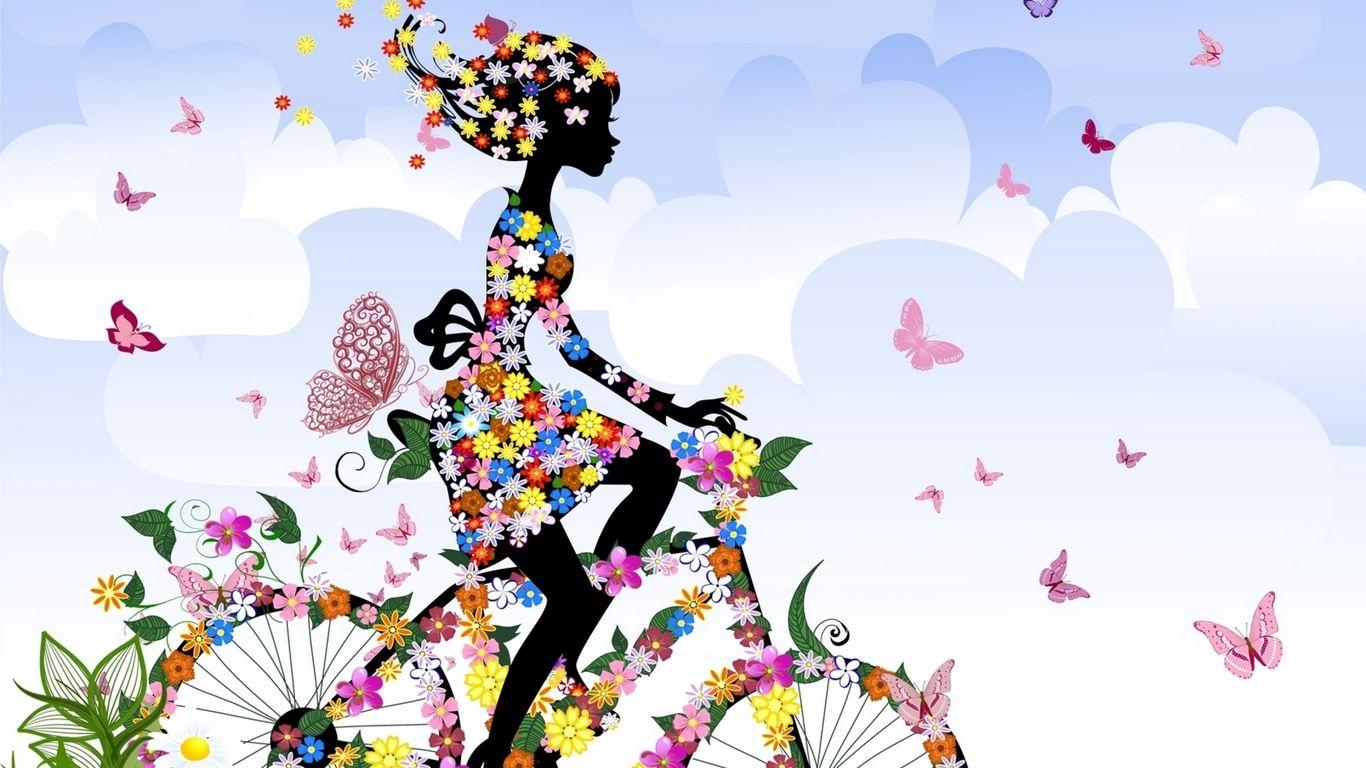1366x768 Download wallpaper 1366x768 girl, bike, flowers, butterflies