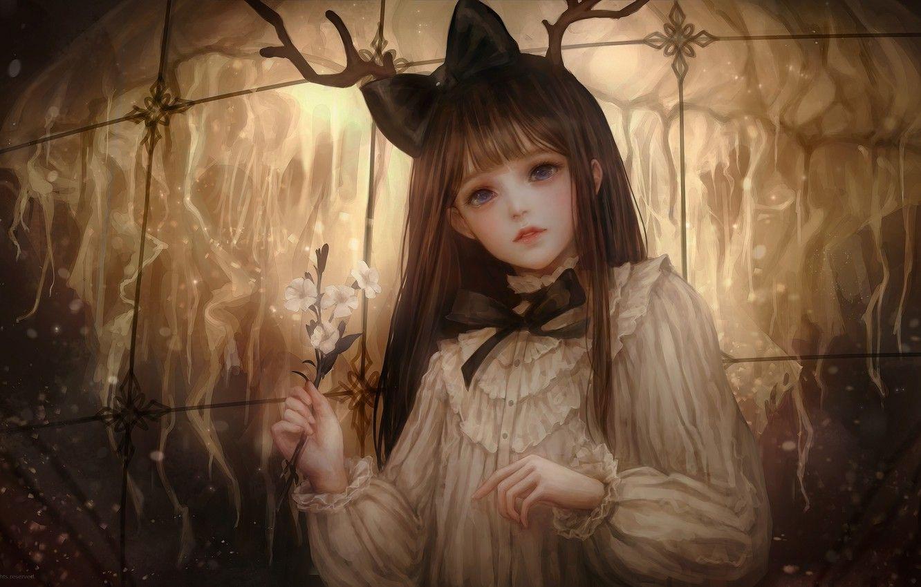 1332x850 Wallpaper girl, flowers, Medusa, horns, Shal.E image