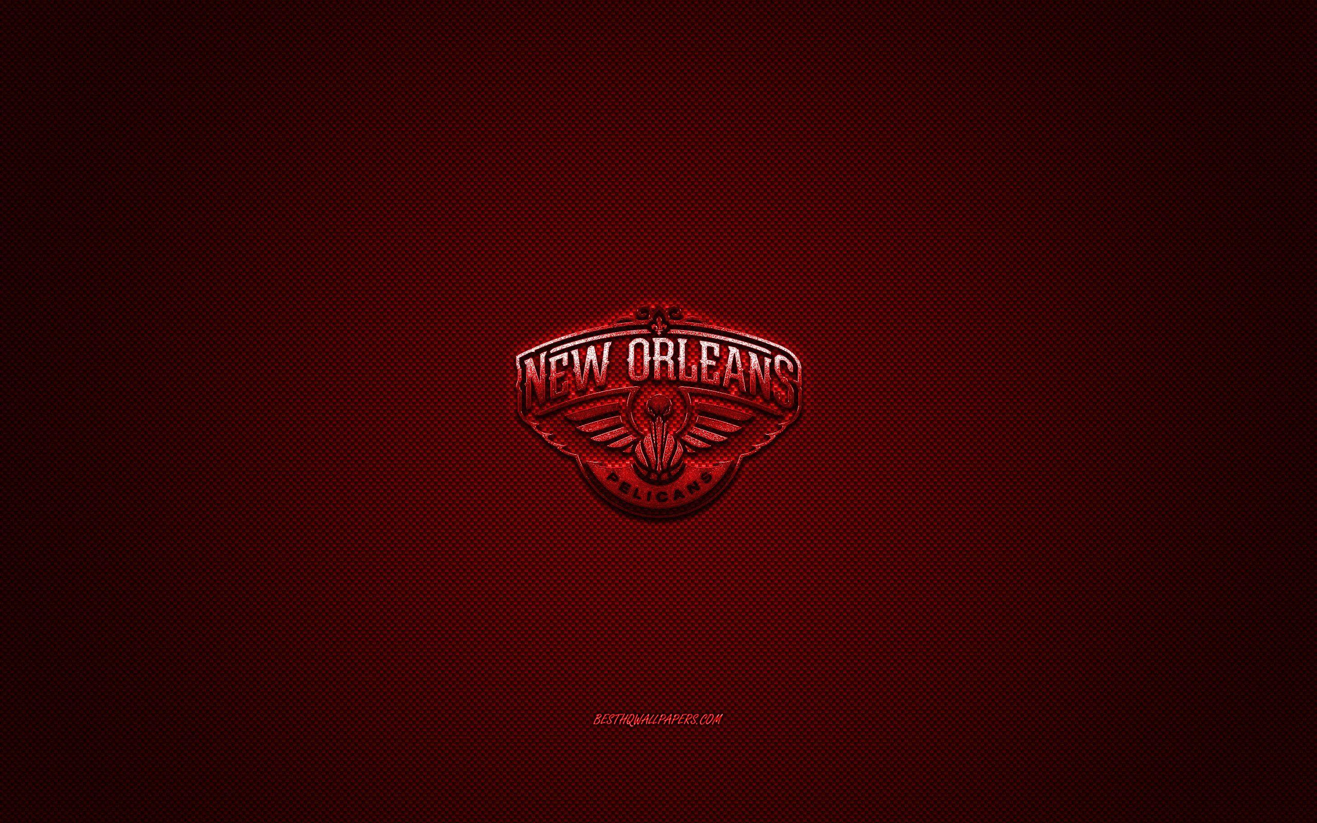 2560x1600 Download wallpaper New Orleans Pelicans, American basketball club, NBA, red logo, red carbon fiber background, basketball, New Orleans, Louisiana, USA, National Basketball Association, New Orleans Pelicans logo for desktop with resolution 2560x1600