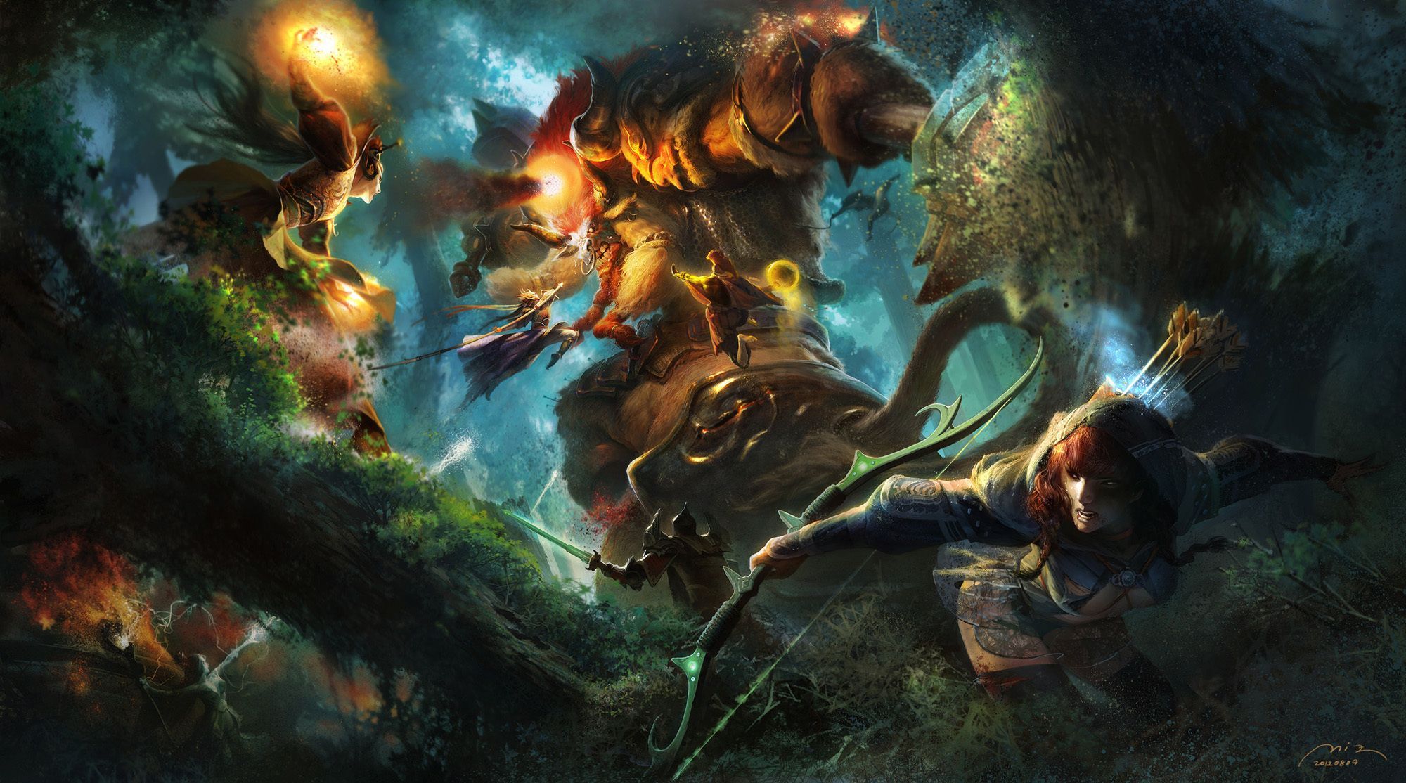 2000x1114 Download wallpaper forest, girl, fire