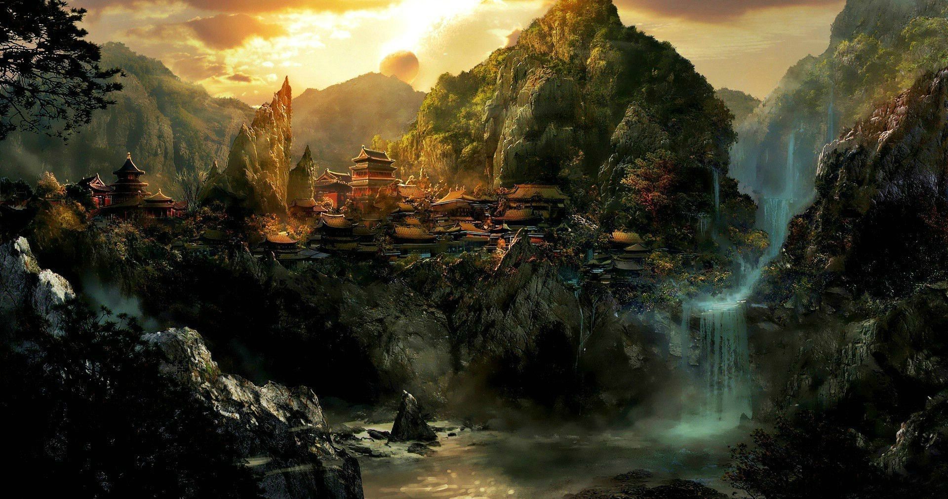 1920x1011 heroic fantasy, city, sky, mountain