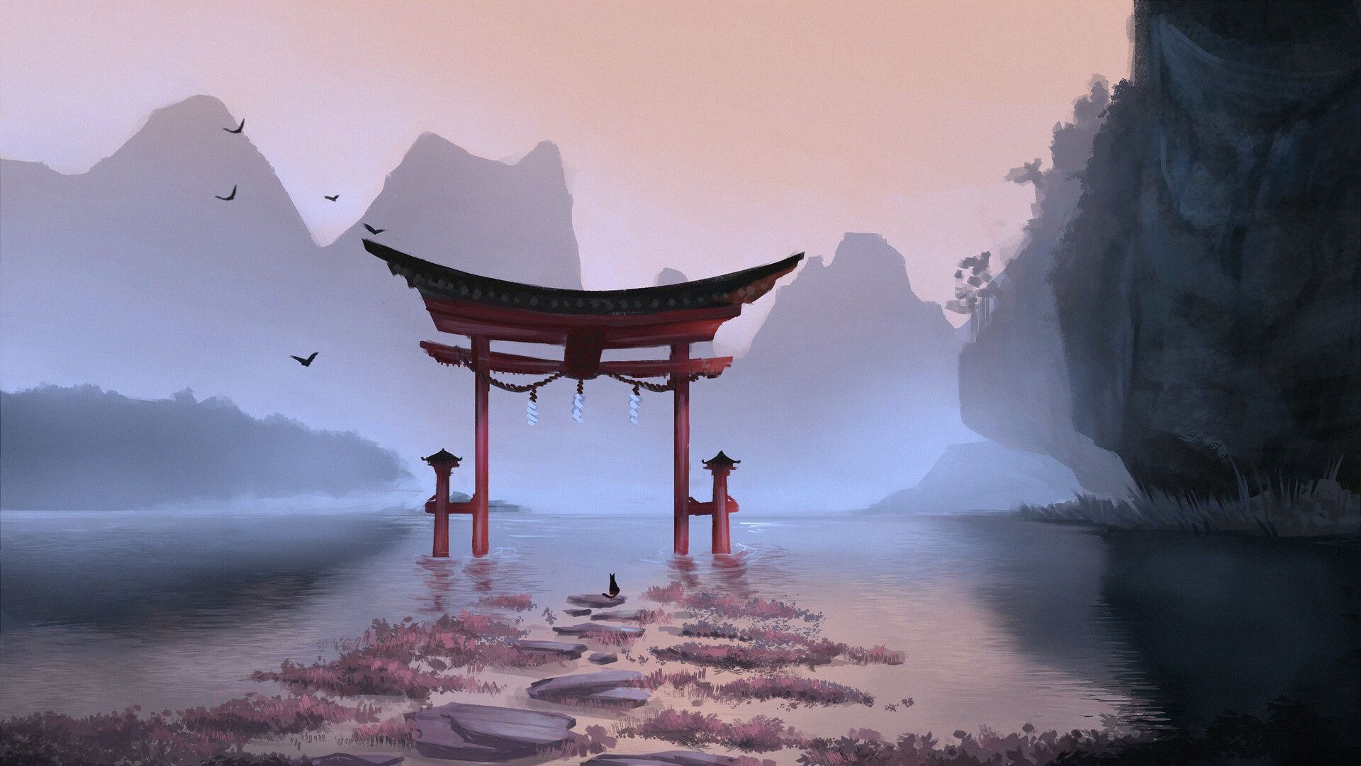 1920x1080 Wallpaper mountains, lake, silence, Japan, Japan, morning mist, black cat, torii gate for mobile and desktop, section живопись, resolution 1920x1080