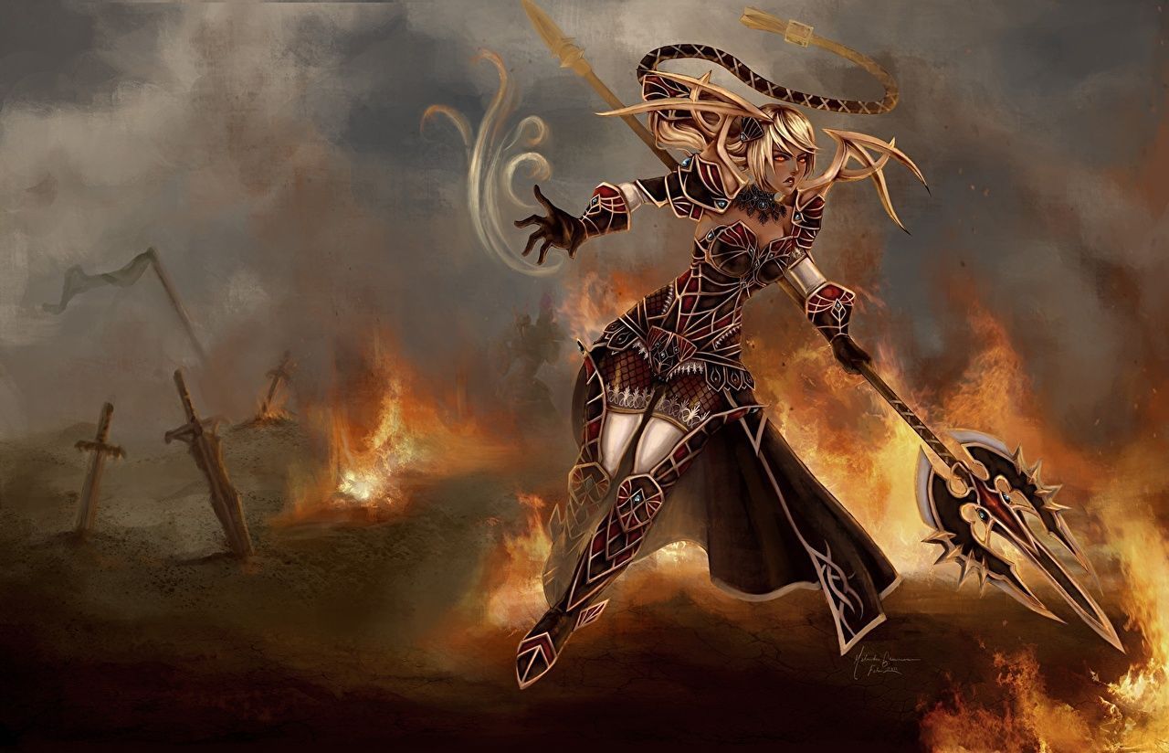 1280x824 Blonde girl Warriors female Fantasy Fire