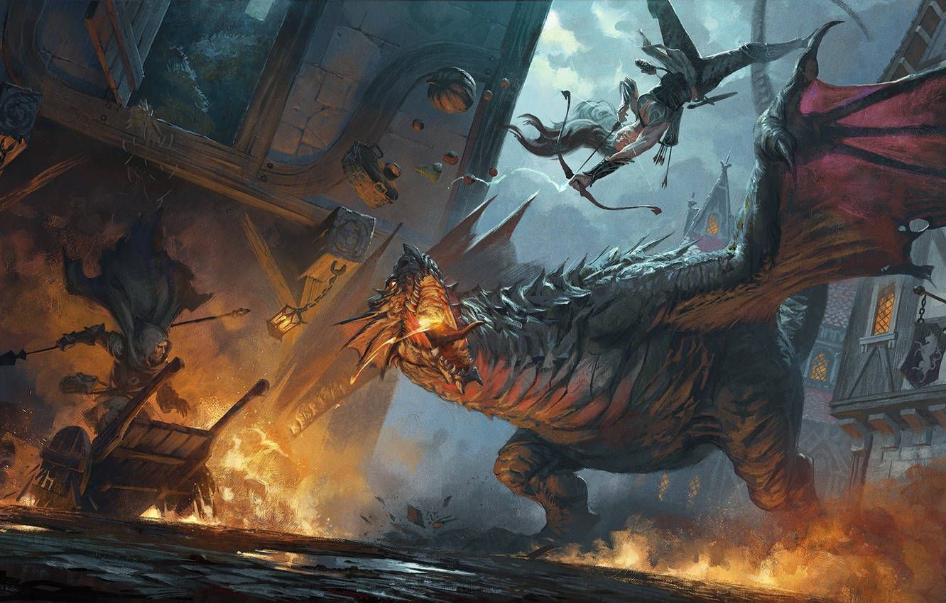 1332x850 Fire Dragon Fighting Archer