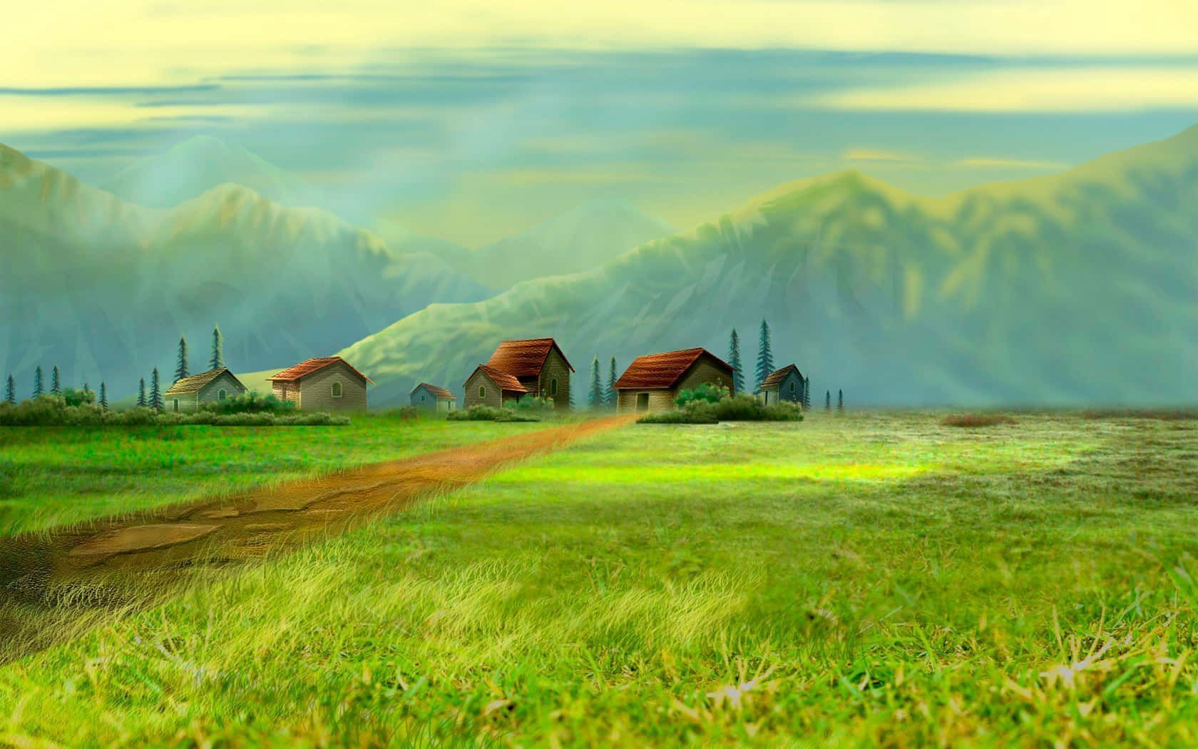 1680x1050 Download Digitally Painted Landscape Small Hill Village Wallpaper