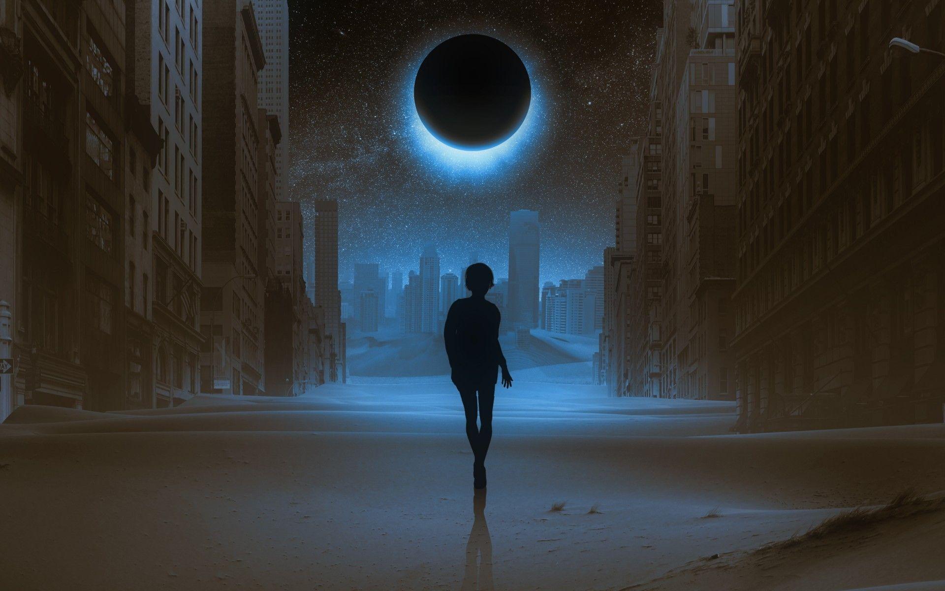 1920x1200 Download 1920x1200 Full Moon, Woman Silhouette, Buildings
