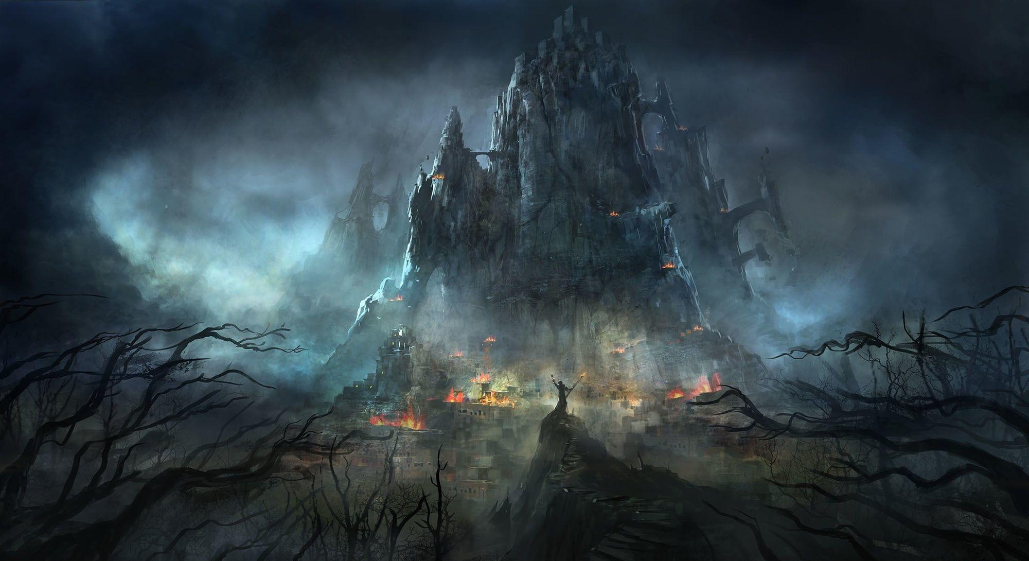2000x1090 Game application castle wallpaper, artwork, , dark